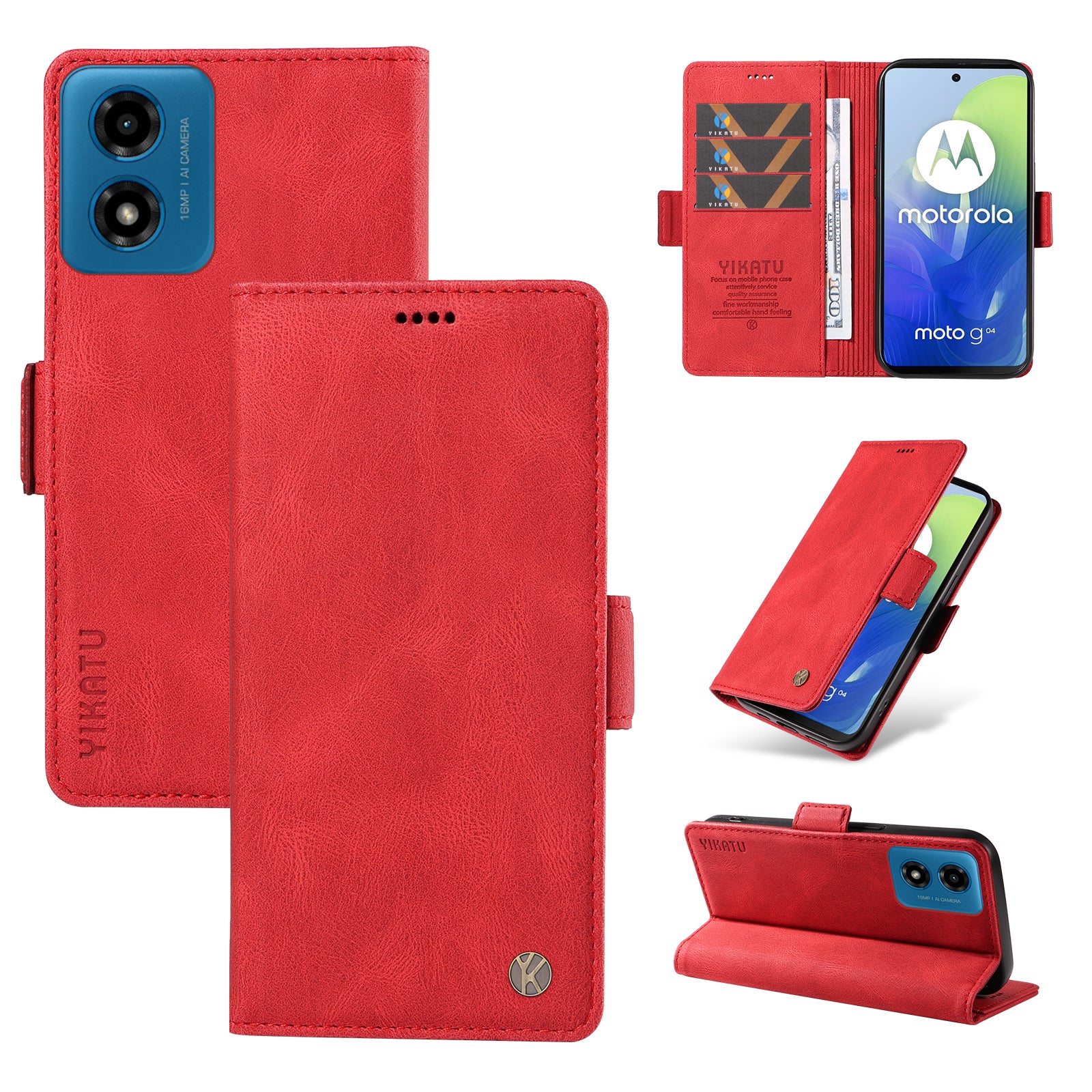 YIKATU YK-005 For Motorola Moto G04 4G / G24 4G Case Soft Skin-touch Leather Stand Phone Cover - Red