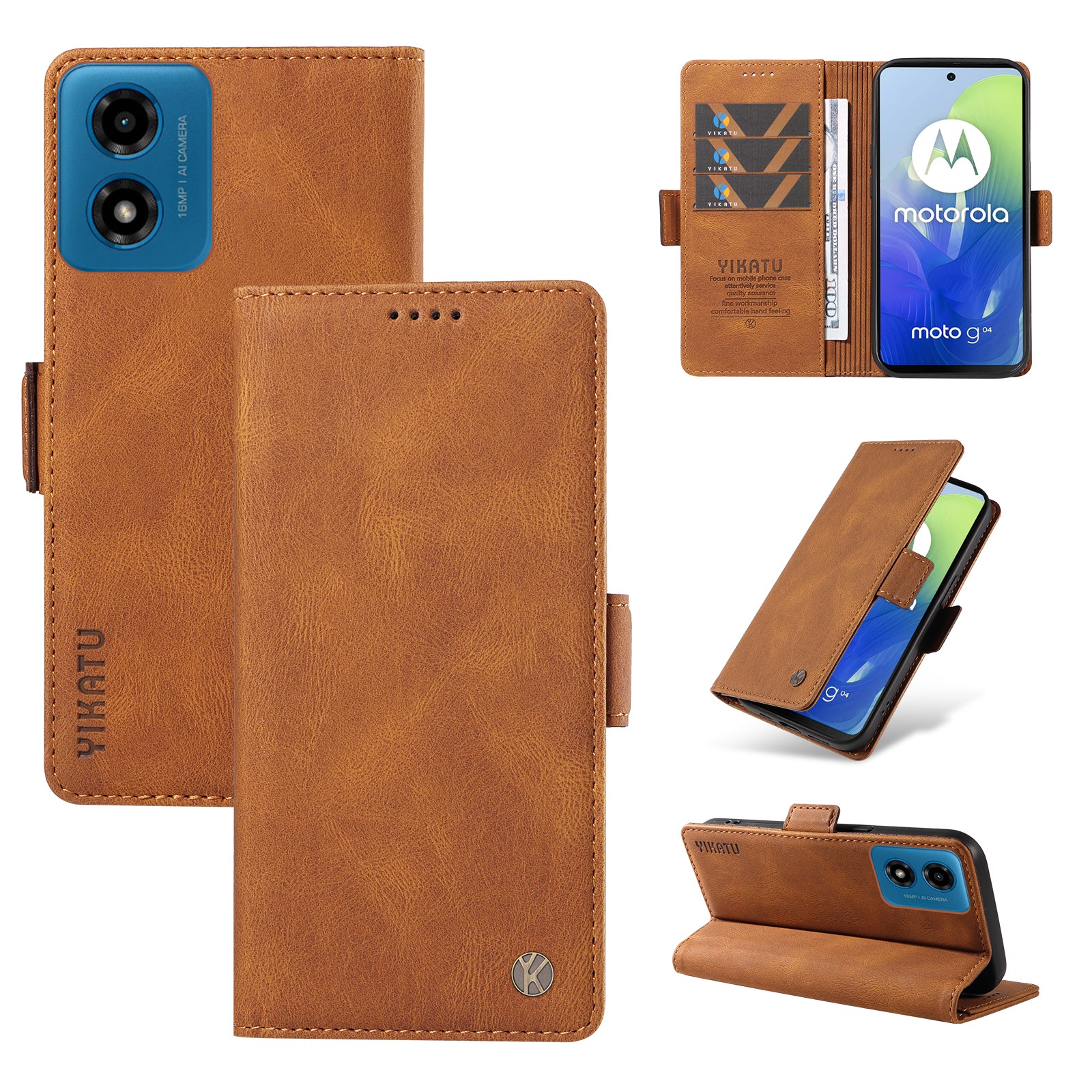 YIKATU YK-005 For Motorola Moto G04 4G / G24 4G Case Soft Skin-touch Leather Stand Phone Cover - Brown