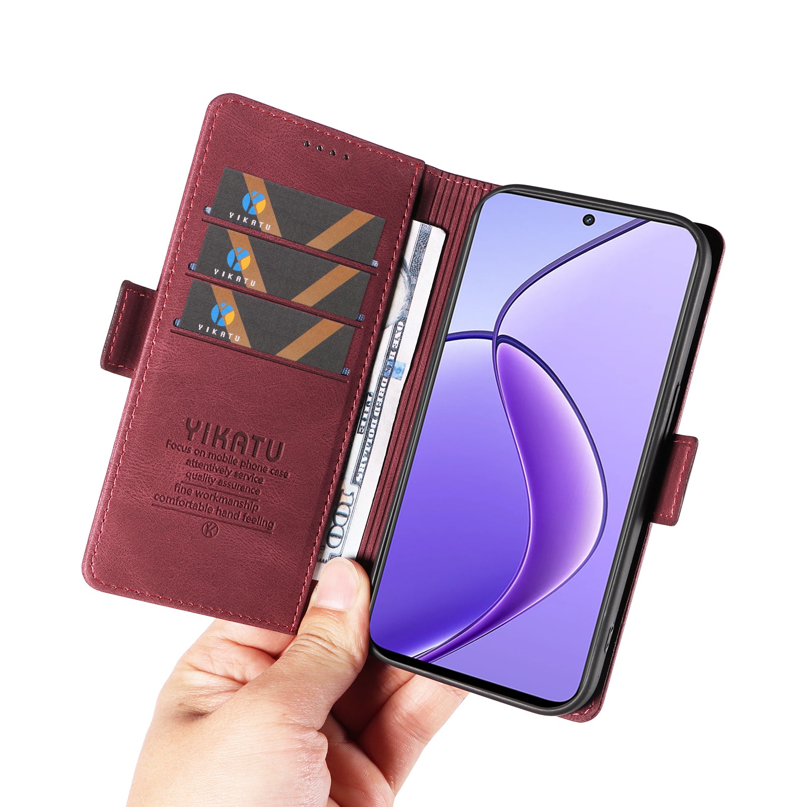 YIKATU YK-005 For Realme 12 Case PU Leather Skin-touch Wallet Flip Phone Cover - Wine Red