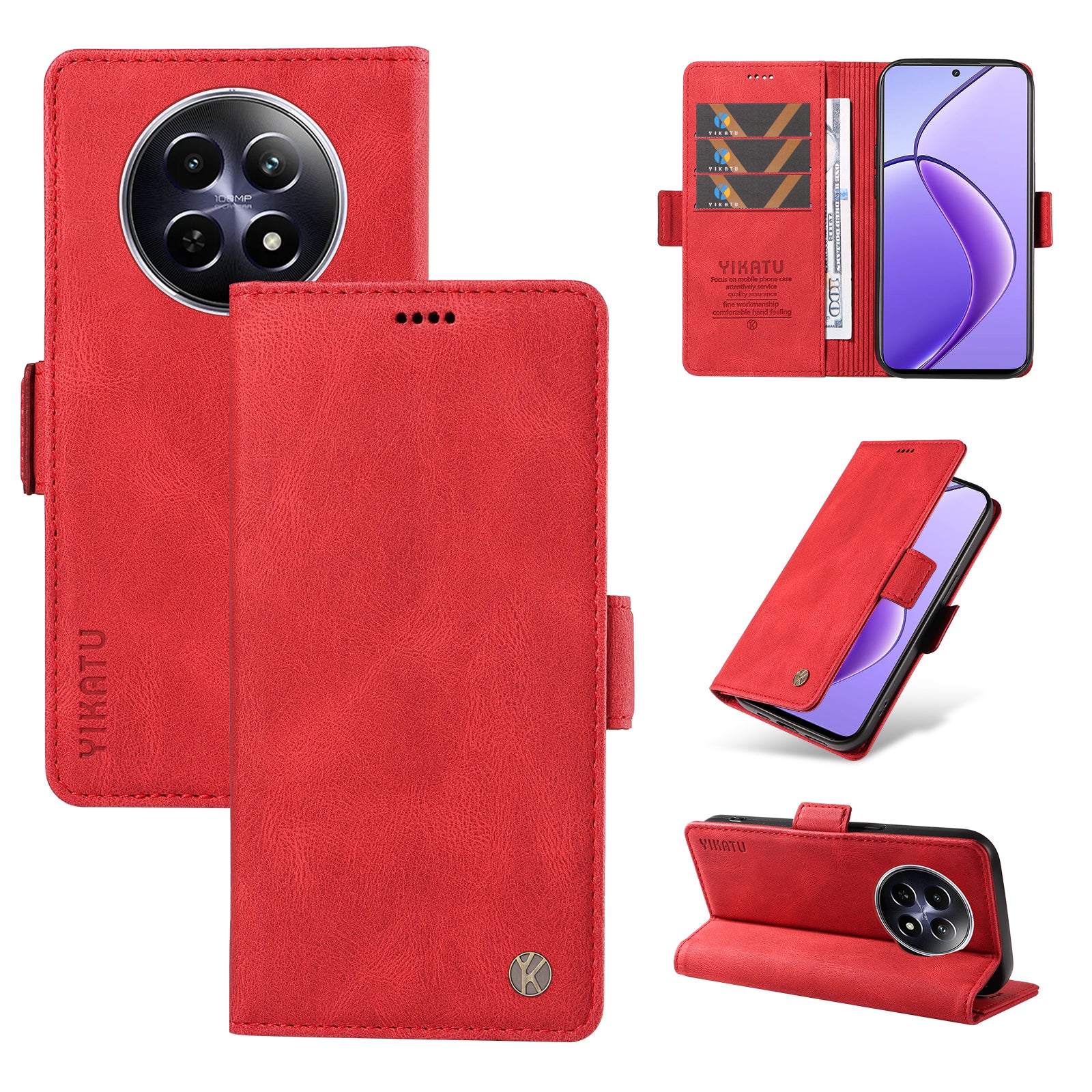 YIKATU YK-005 For Realme 12 Case PU Leather Skin-touch Wallet Flip Phone Cover - Red