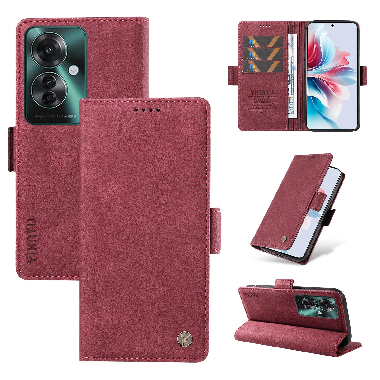 YIKATU YK-005 For Oppo Reno11 F 5G / F25 Pro 5G Leather Phone Case Stand Wallet Cover - Wine Red