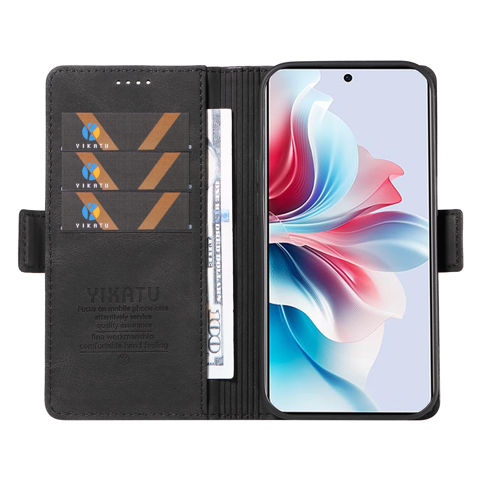 YIKATU YK-005 For Oppo Reno11 F 5G / F25 Pro 5G Leather Phone Case Stand Wallet Cover - Black