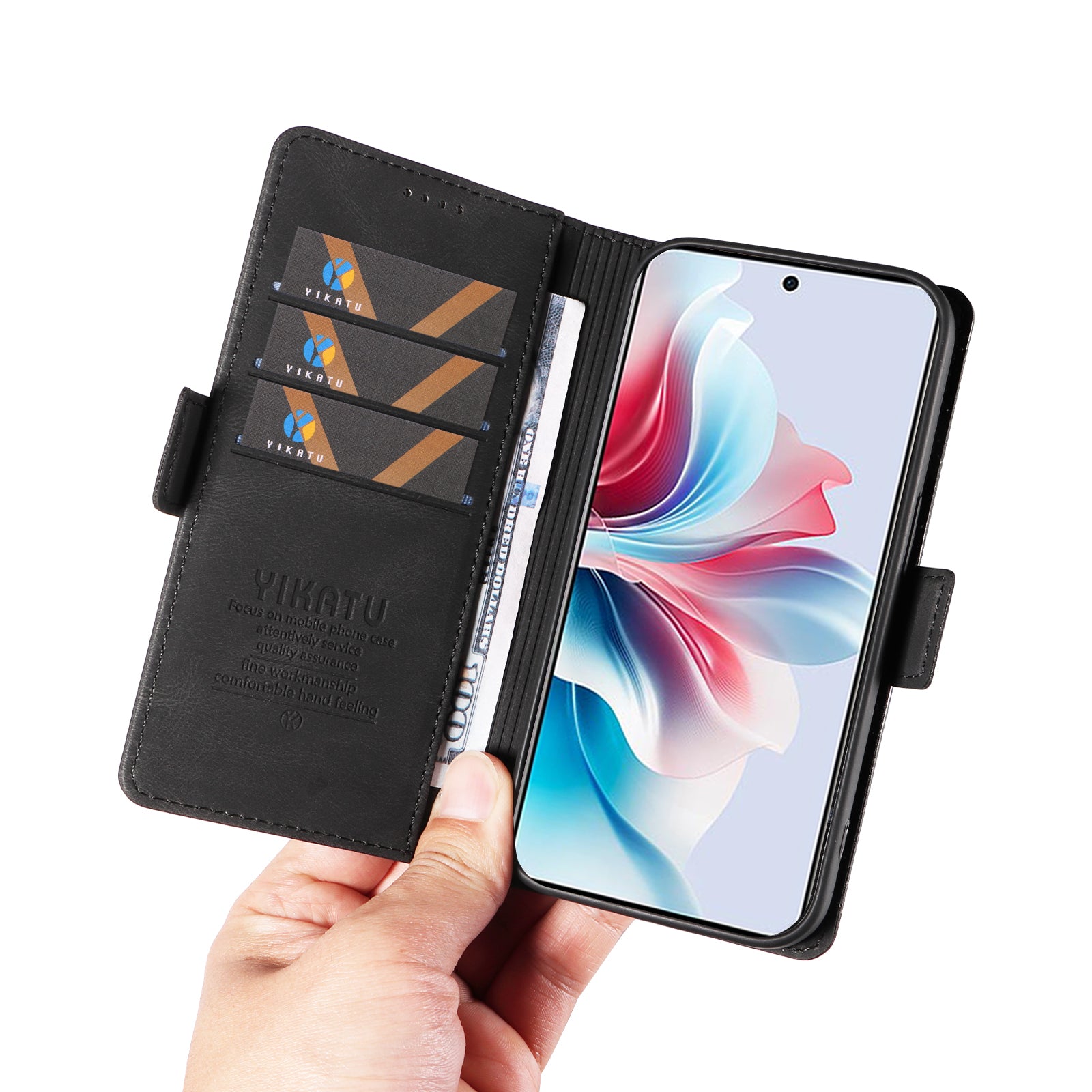 YIKATU YK-005 For Oppo Reno11 F 5G / F25 Pro 5G Leather Phone Case Stand Wallet Cover - Black