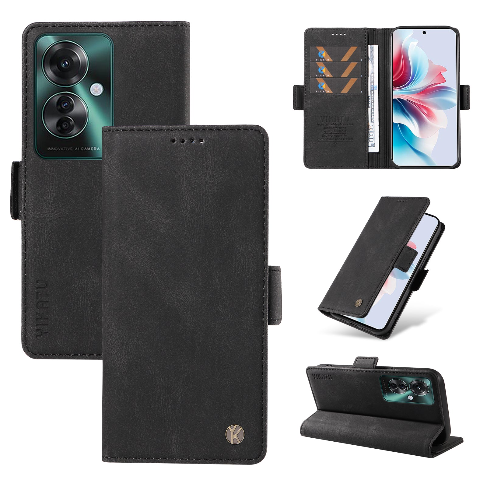YIKATU YK-005 For Oppo Reno11 F 5G / F25 Pro 5G Leather Phone Case Stand Wallet Cover - Black