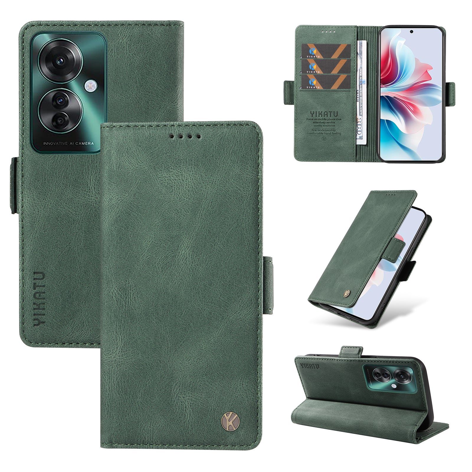 YIKATU YK-005 For Oppo Reno11 F 5G / F25 Pro 5G Leather Phone Case Stand Wallet Cover - Green