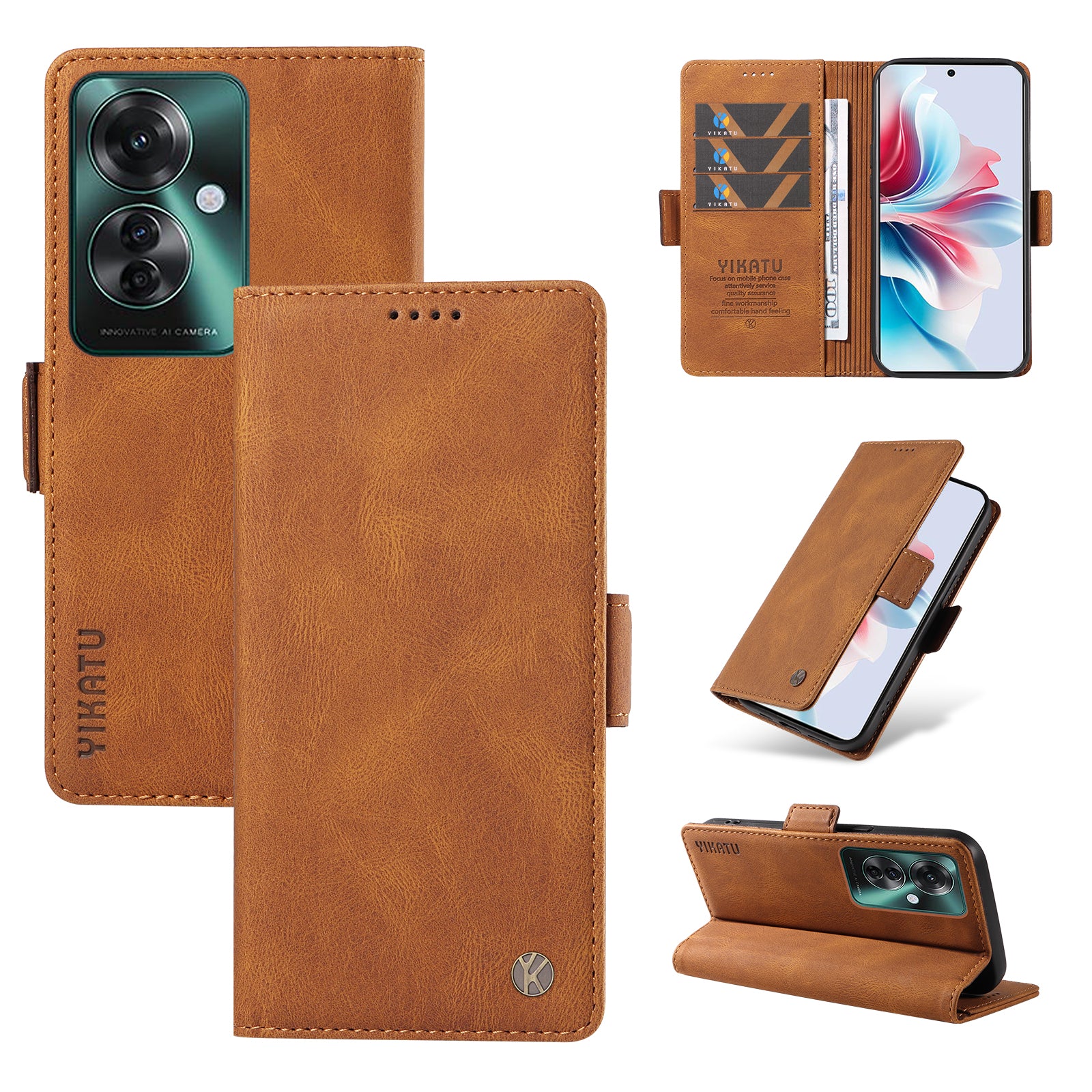 YIKATU YK-005 For Oppo Reno11 F 5G / F25 Pro 5G Leather Phone Case Stand Wallet Cover - Brown