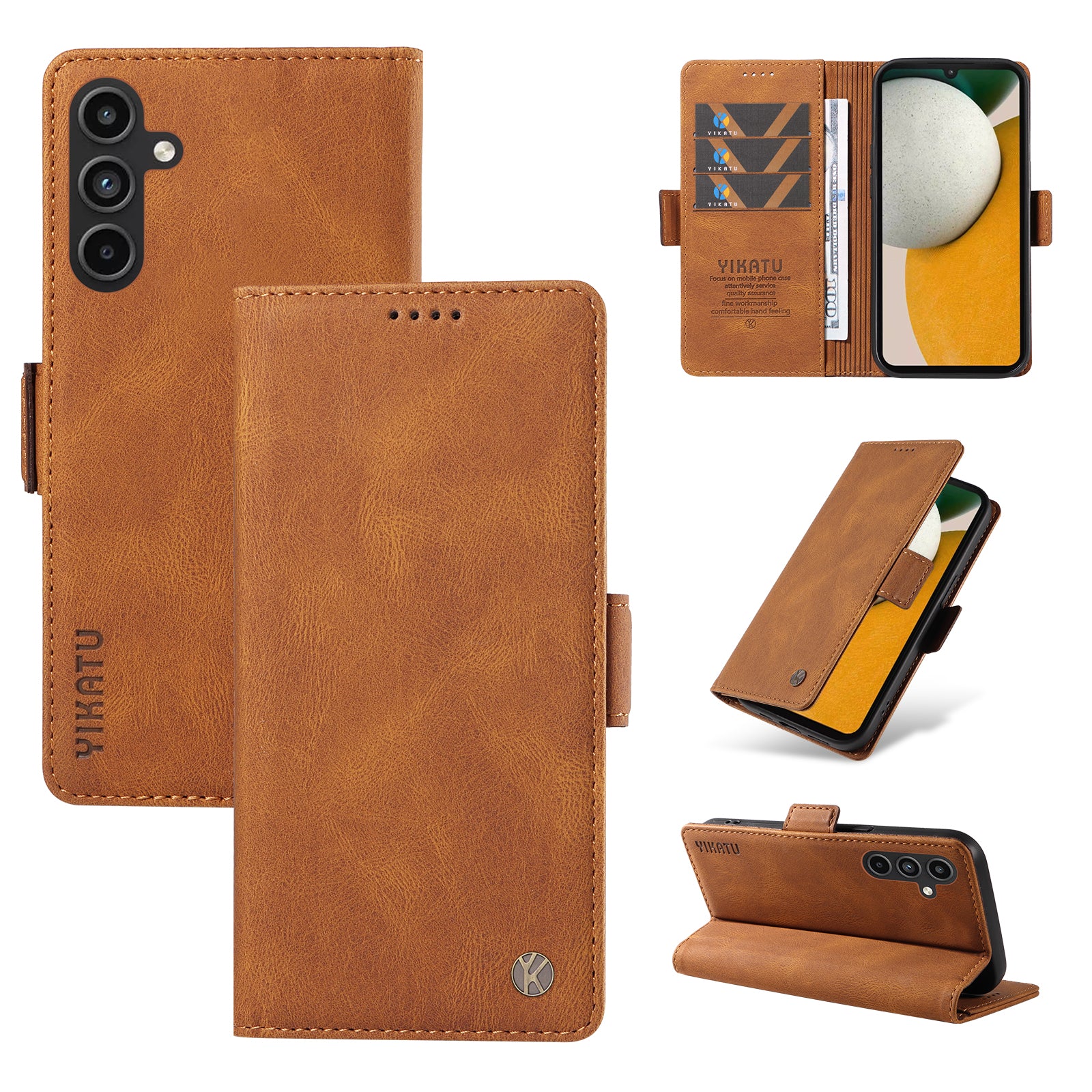 YIKATU YK-005 For Samsung Galaxy A15 4G / 5G Case Skin-Friendly Leather Flip Stand Phone Cover - Brown