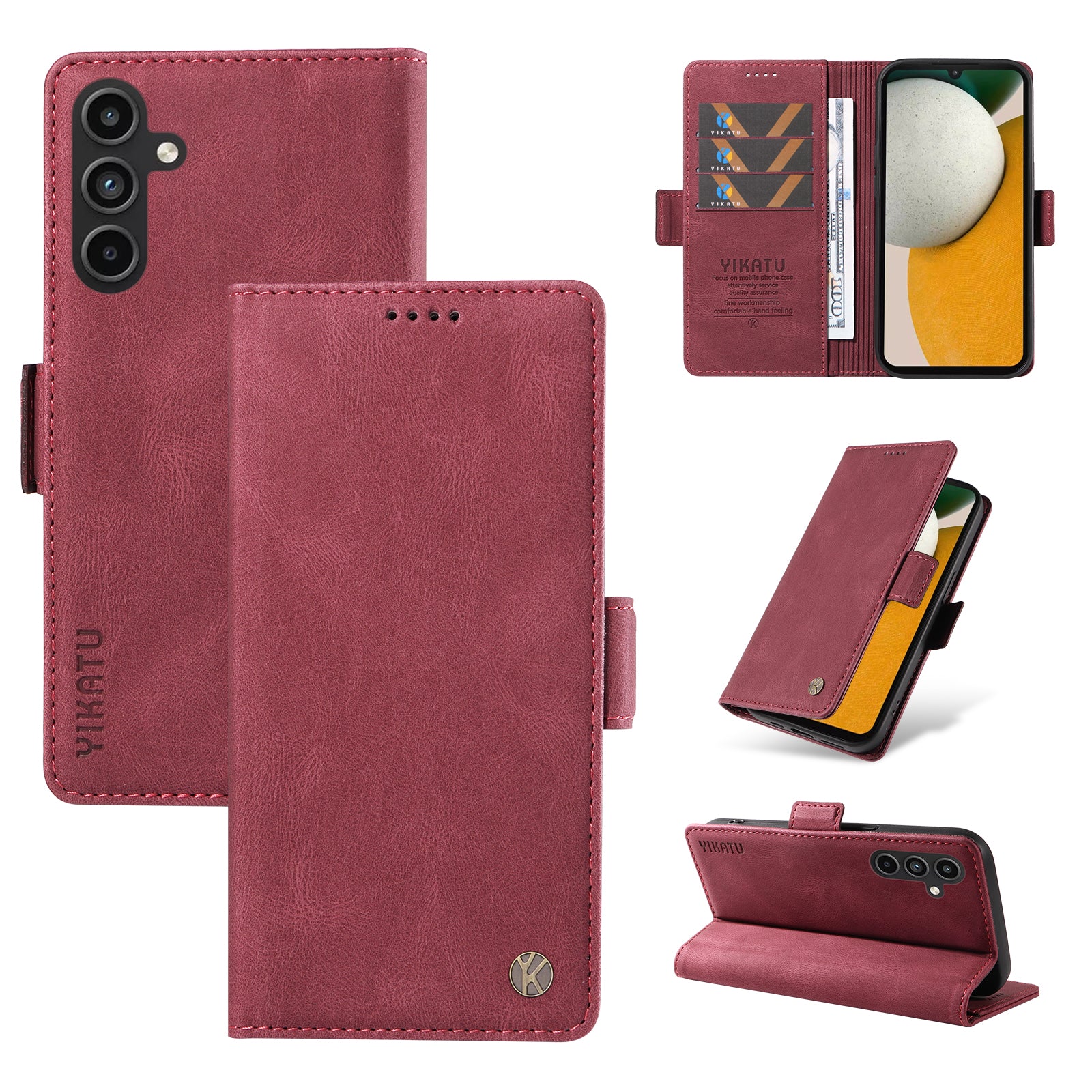 YIKATU YK-005 For Samsung Galaxy A15 4G / 5G Case Skin-Friendly Leather Flip Stand Phone Cover - Wine Red