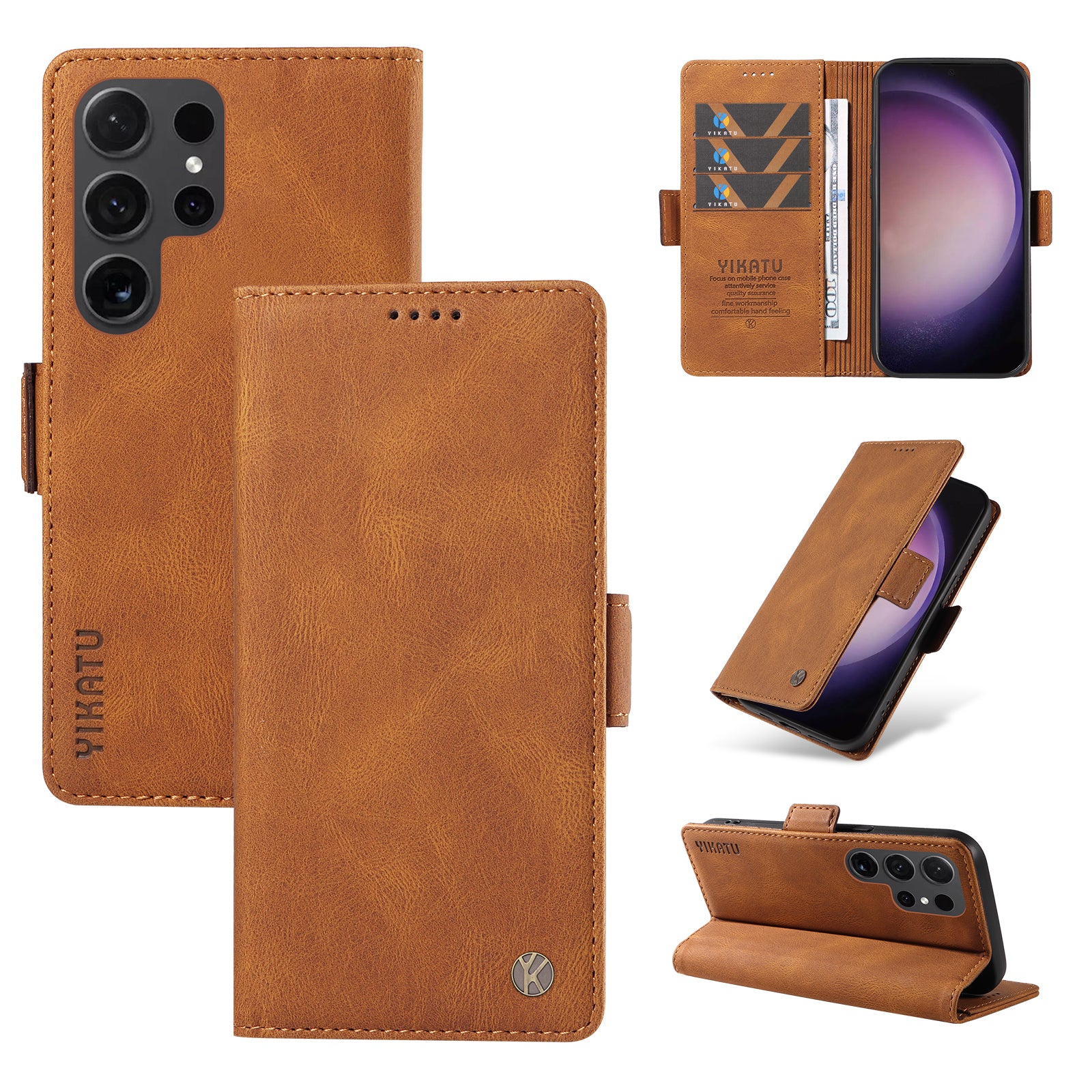 YIKATU YK-005 For Samsung Galaxy S24 Ultra Case Skin-touch Wallet Stand Leather Cover - Brown