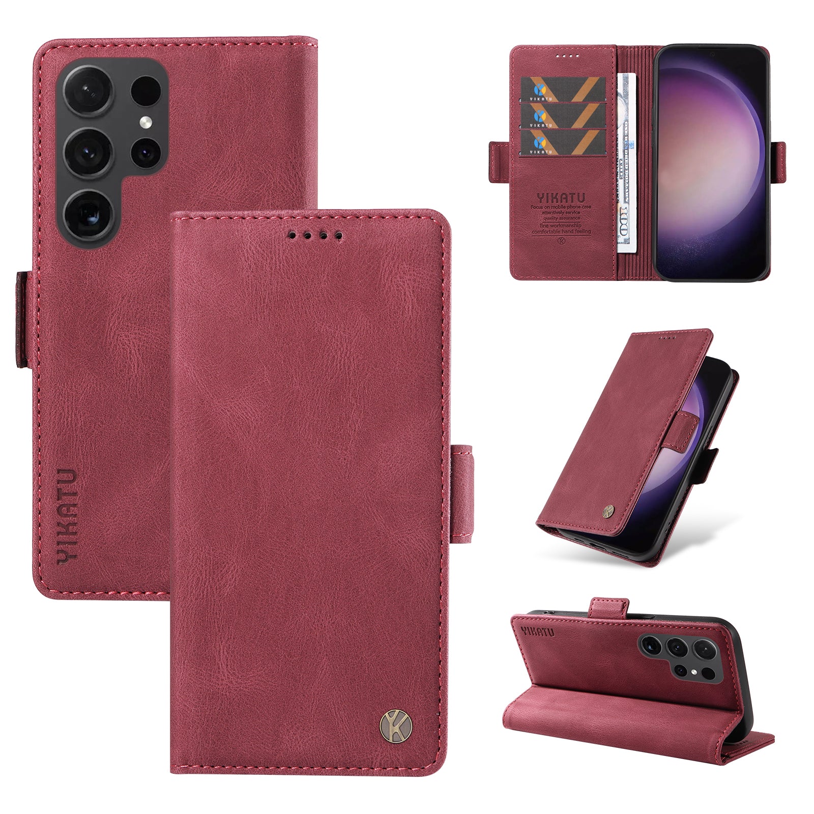 YIKATU YK-005 For Samsung Galaxy S24 Ultra Case Skin-touch Wallet Stand Leather Cover - Wine Red