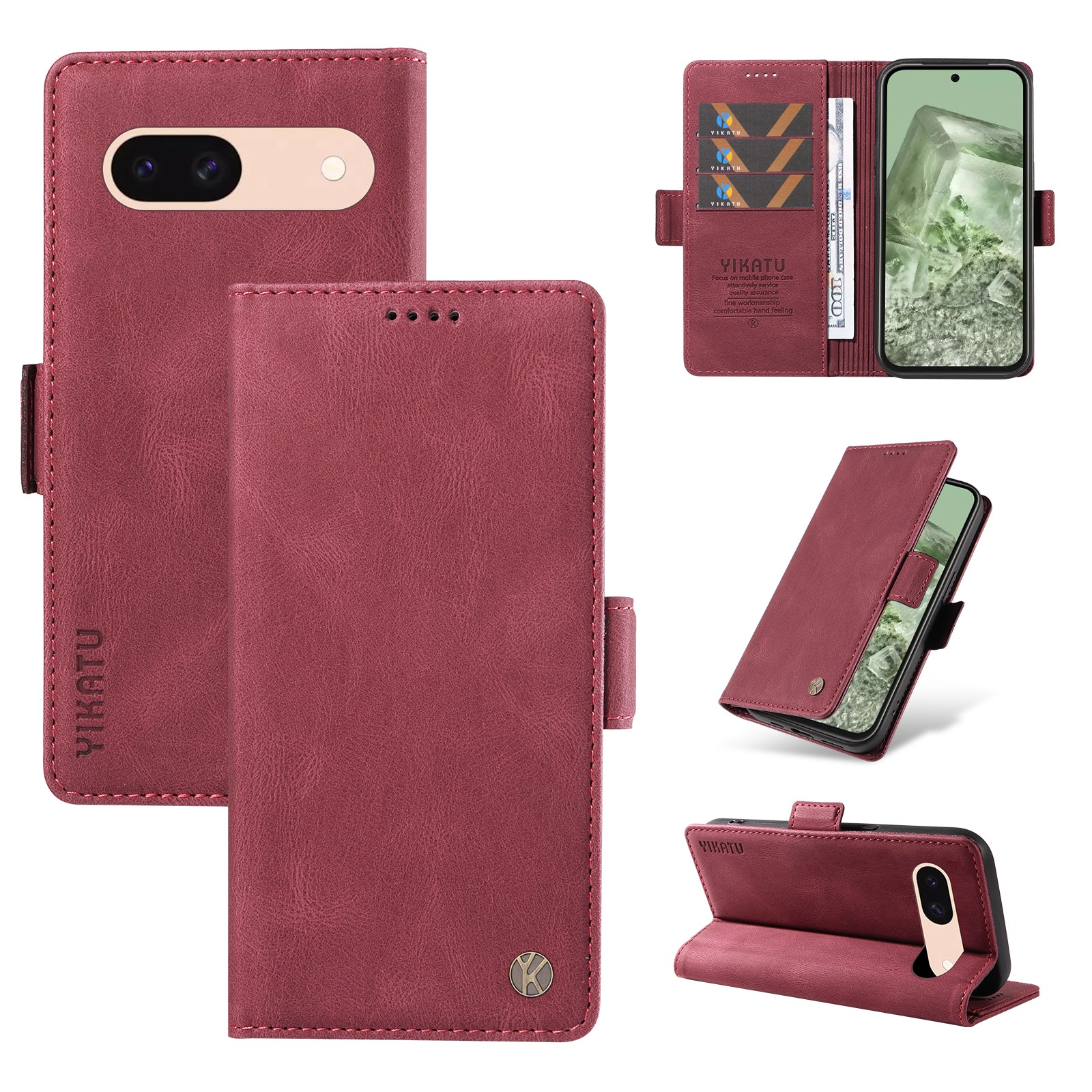 YIKATU YK-005 For Google Pixel 8a Case PU Leather Skin-touch Wallet Flip Phone Cover - Wine Red