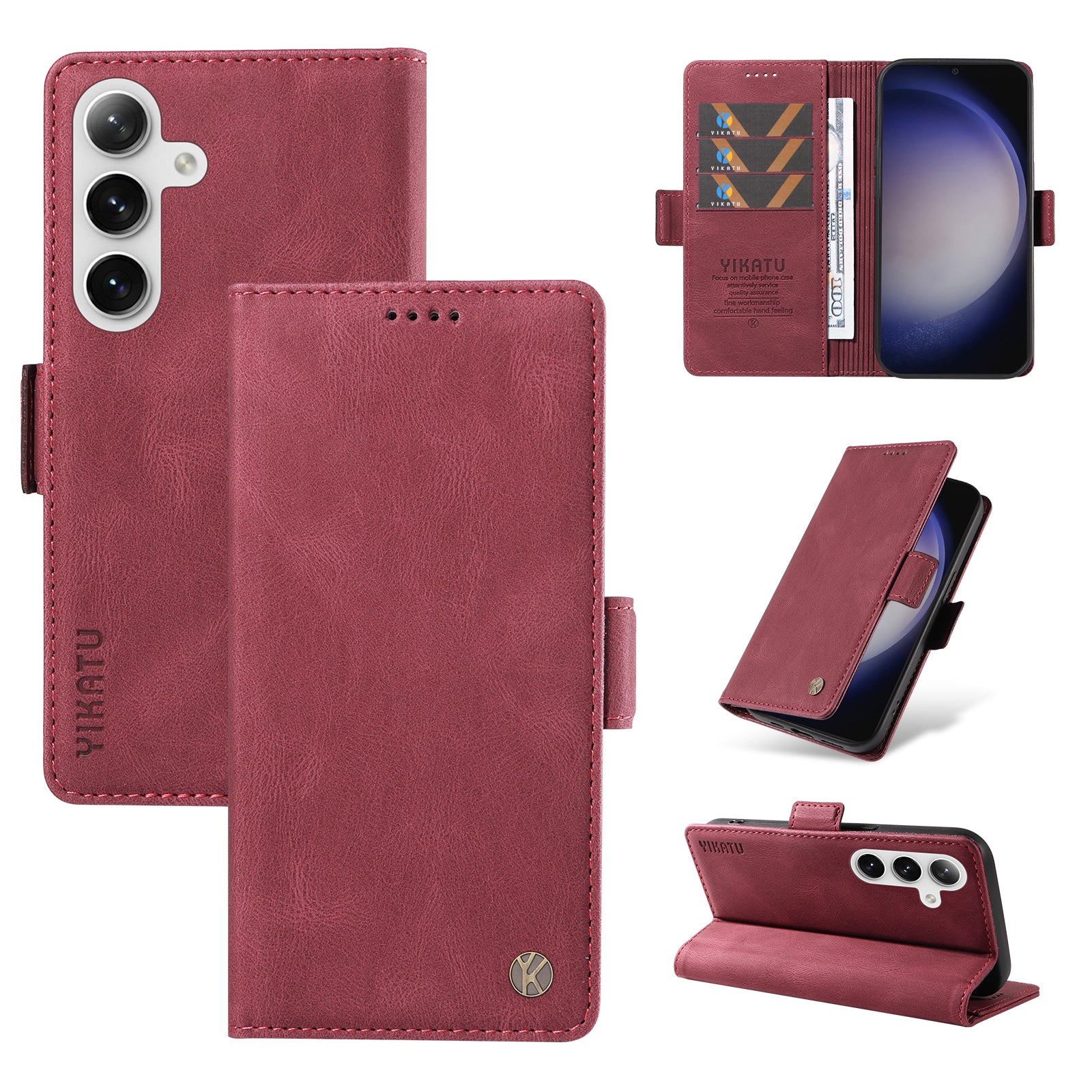 YIKATU YK-005 For Samsung Galaxy S24 Case PU Leather Magnetic Buckle Phone Cover Skin Touch Feeling - Wine Red