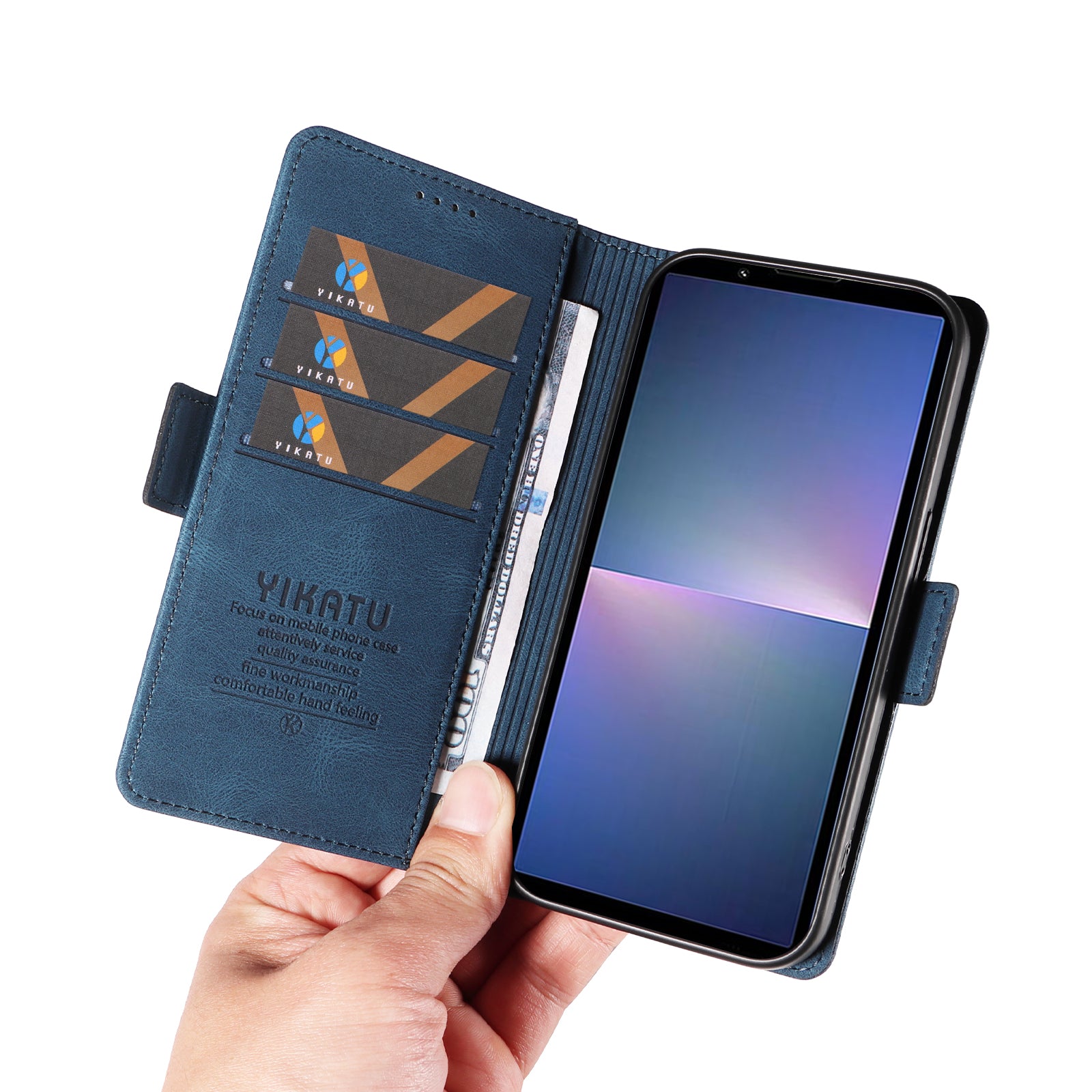 YIKATU YK-005 For Sony Xperia 5 V Leather Phone Case Folding Stand Wallet Cover - Blue