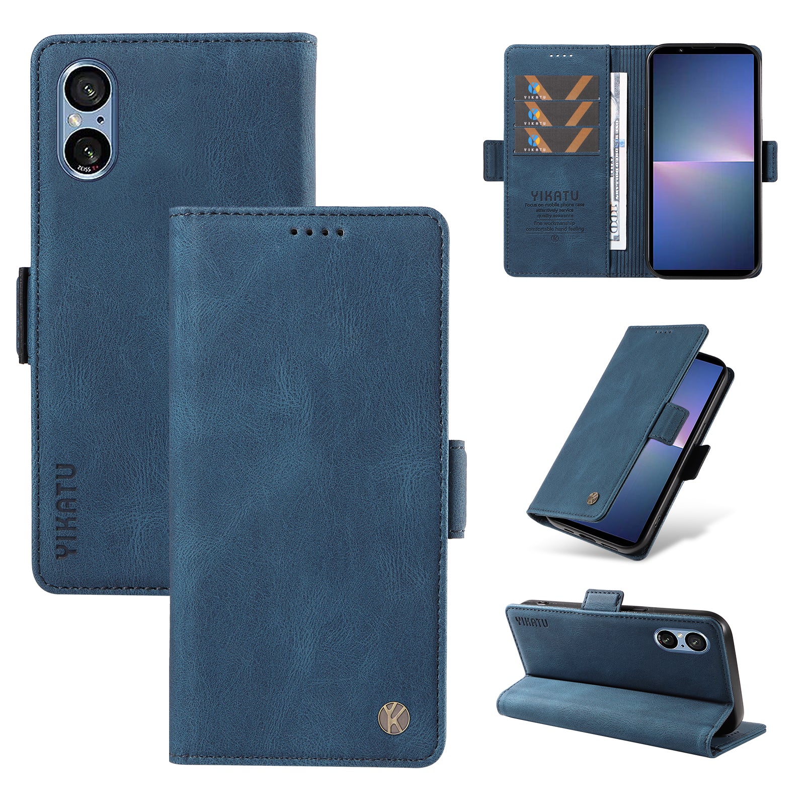 YIKATU YK-005 For Sony Xperia 5 V Leather Phone Case Folding Stand Wallet Cover - Blue