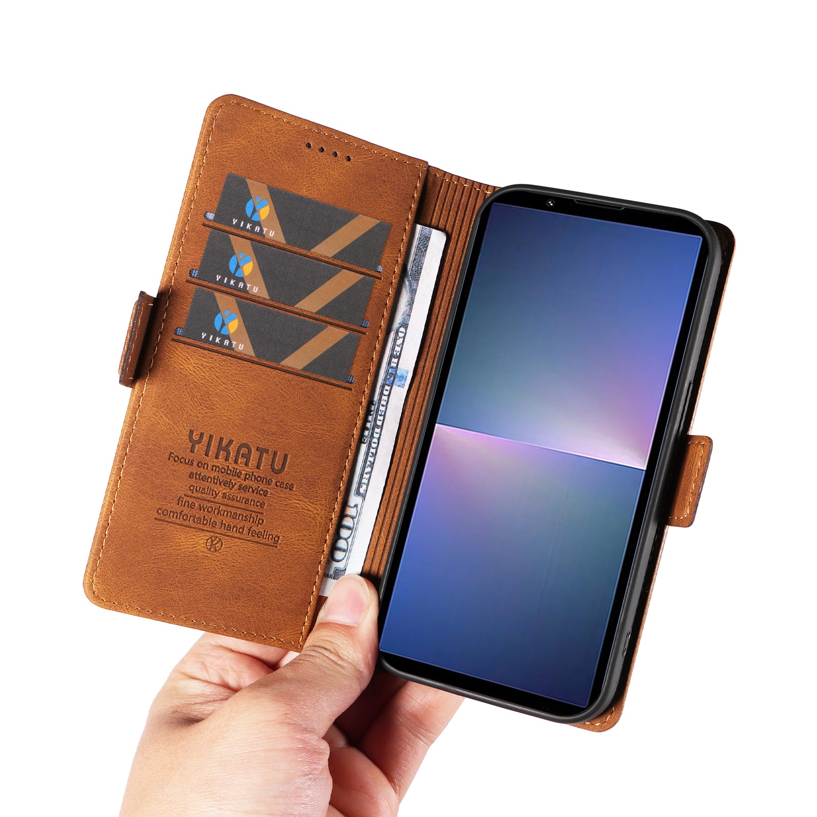 YIKATU YK-005 For Sony Xperia 5 V Leather Phone Case Folding Stand Wallet Cover - Brown