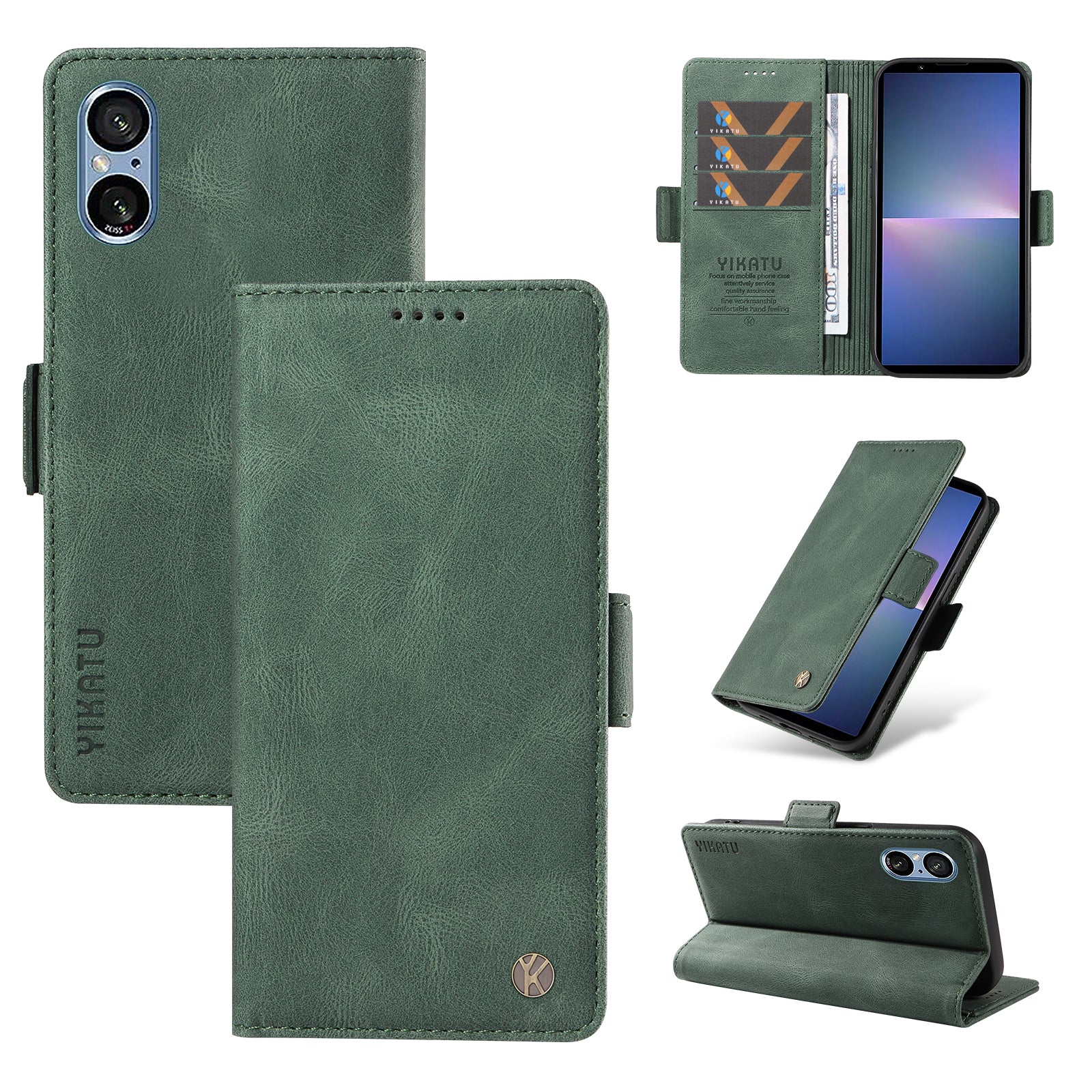 YIKATU YK-005 For Sony Xperia 5 V Leather Phone Case Folding Stand Wallet Cover - Green