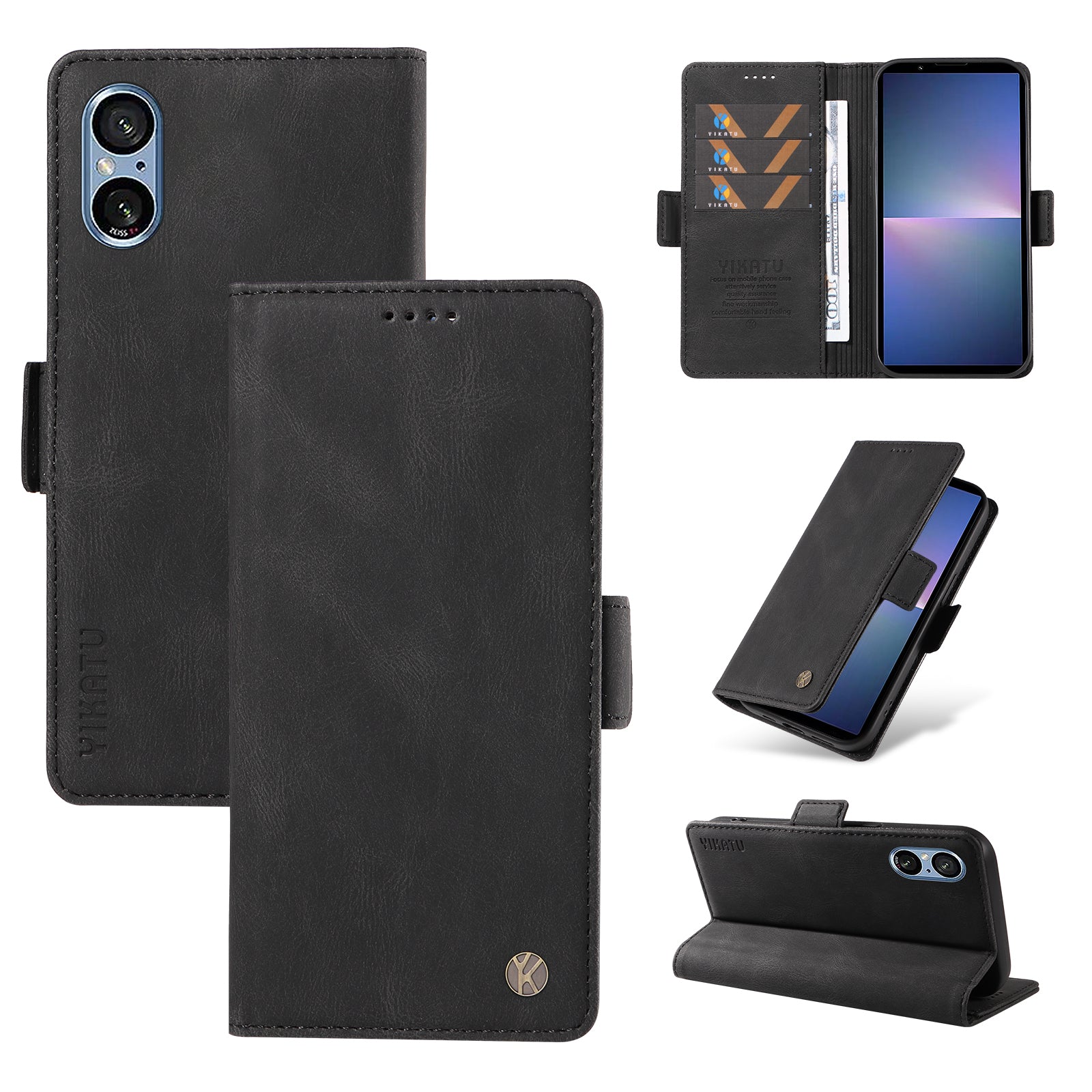 YIKATU YK-005 For Sony Xperia 5 V Leather Phone Case Folding Stand Wallet Cover - Black