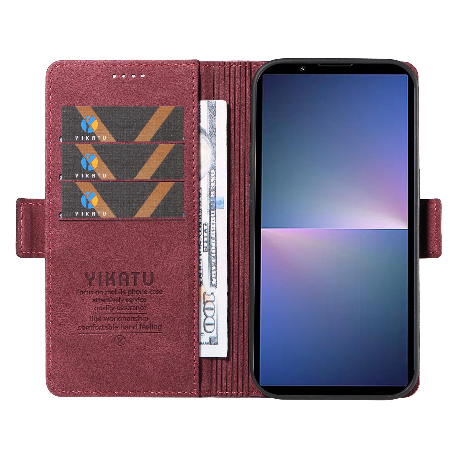 YIKATU YK-005 For Sony Xperia 5 V Leather Phone Case Folding Stand Wallet Cover - Wine Red