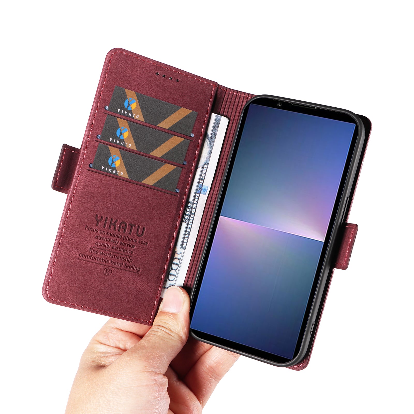 YIKATU YK-005 For Sony Xperia 5 V Leather Phone Case Folding Stand Wallet Cover - Wine Red