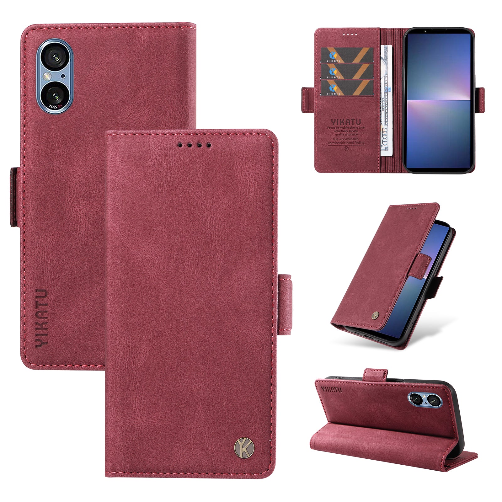 YIKATU YK-005 For Sony Xperia 5 V Leather Phone Case Folding Stand Wallet Cover - Wine Red