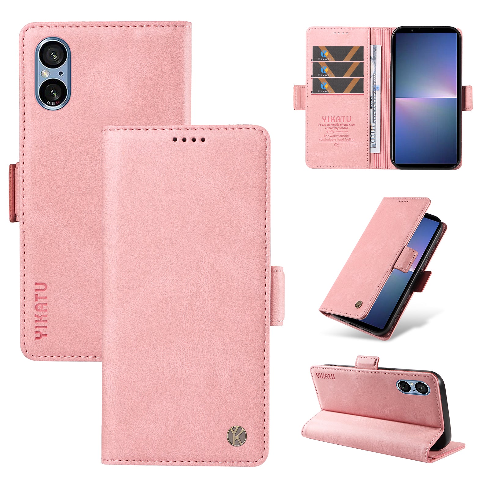 YIKATU YK-005 For Sony Xperia 5 V Leather Phone Case Folding Stand Wallet Cover - Pink