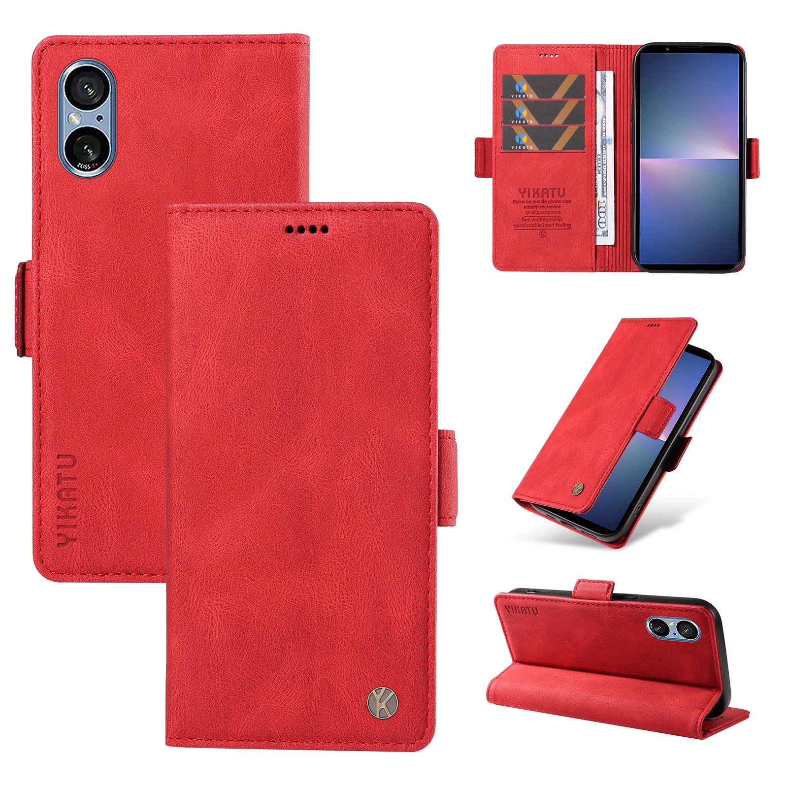 YIKATU YK-005 For Sony Xperia 5 V Leather Phone Case Folding Stand Wallet Cover - Red