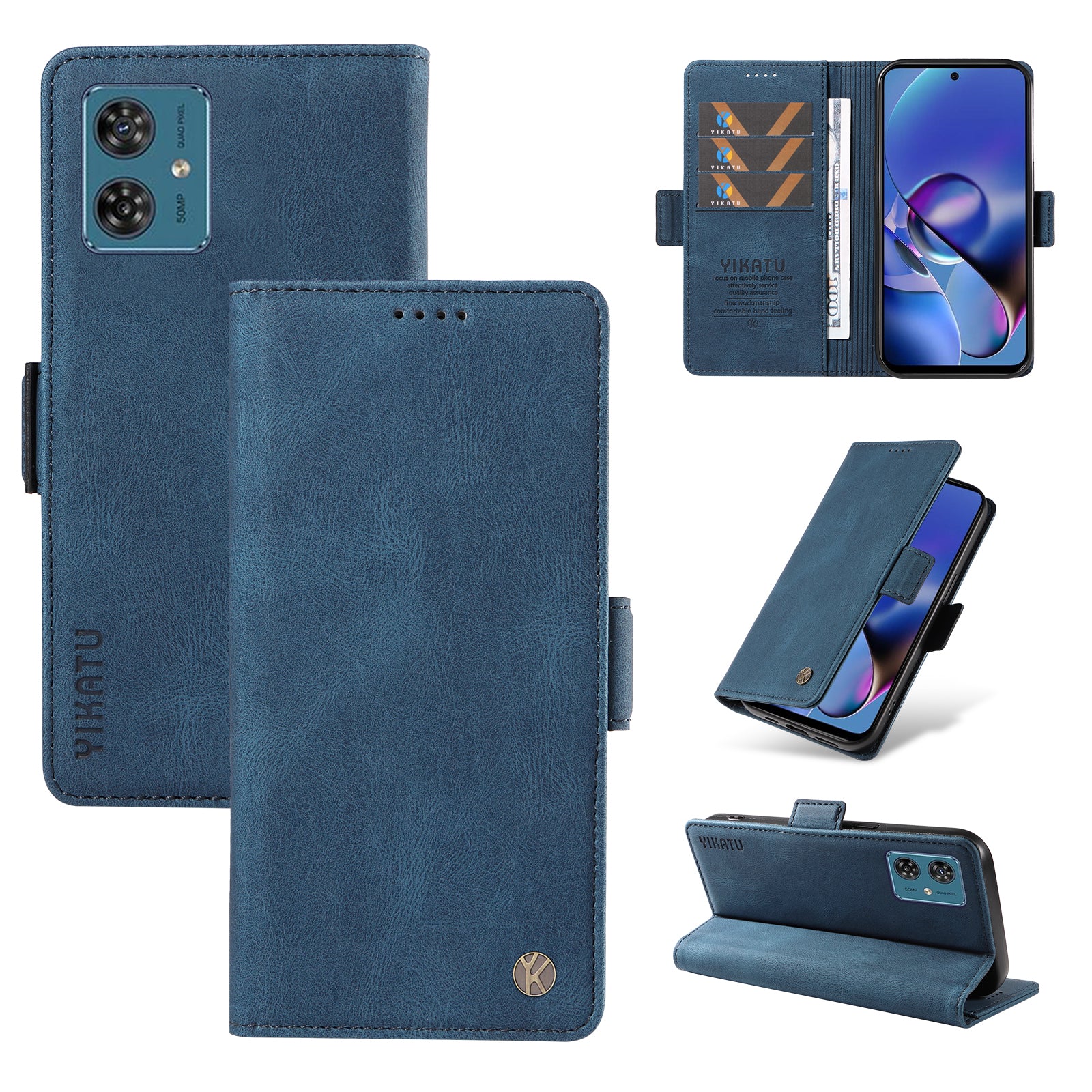 YIKATU YK-005 For Motorola Moto G54 5G Cell Phone Leather Case Stand Wallet Cover - Blue