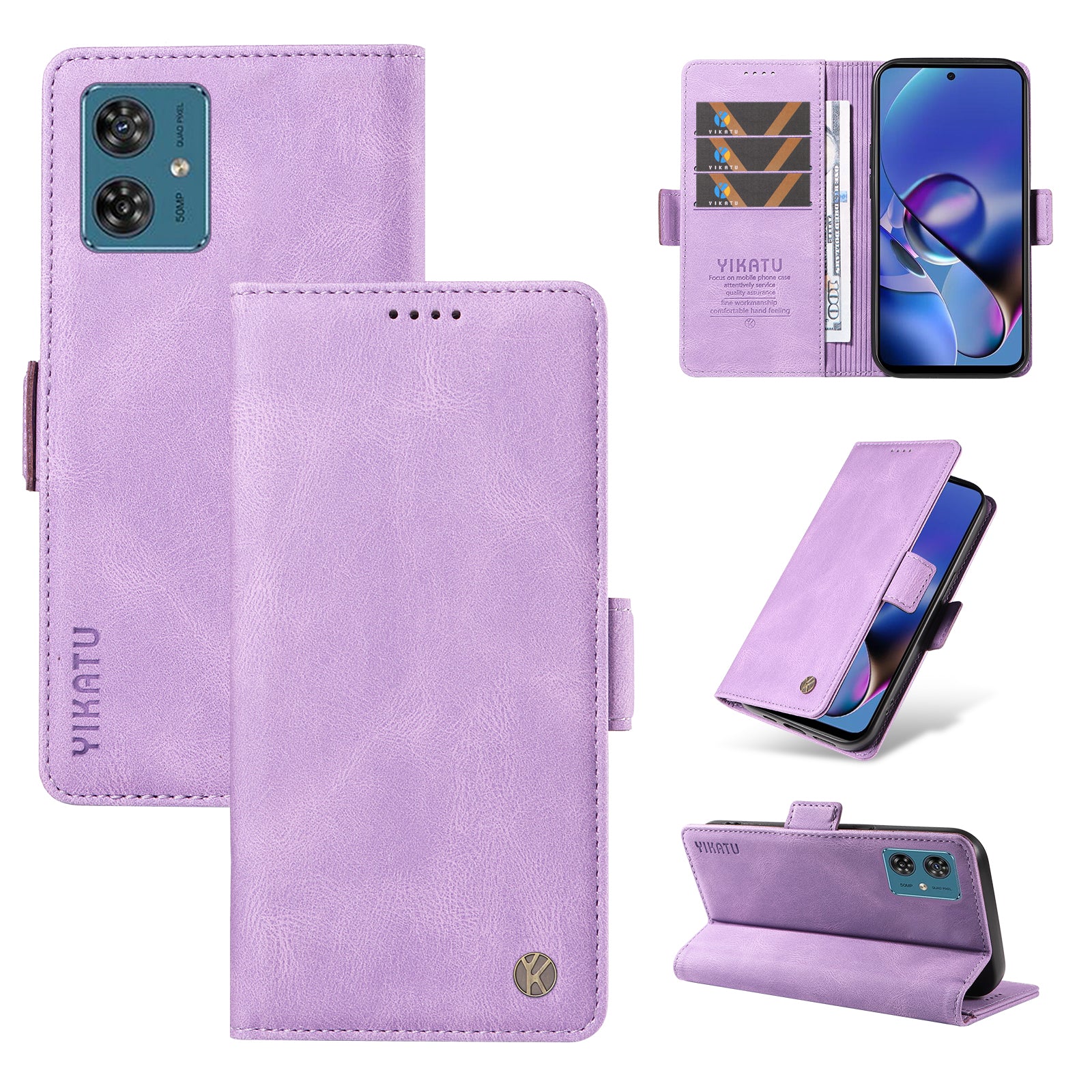 YIKATU YK-005 For Motorola Moto G54 5G Cell Phone Leather Case Stand Wallet Cover - Purple