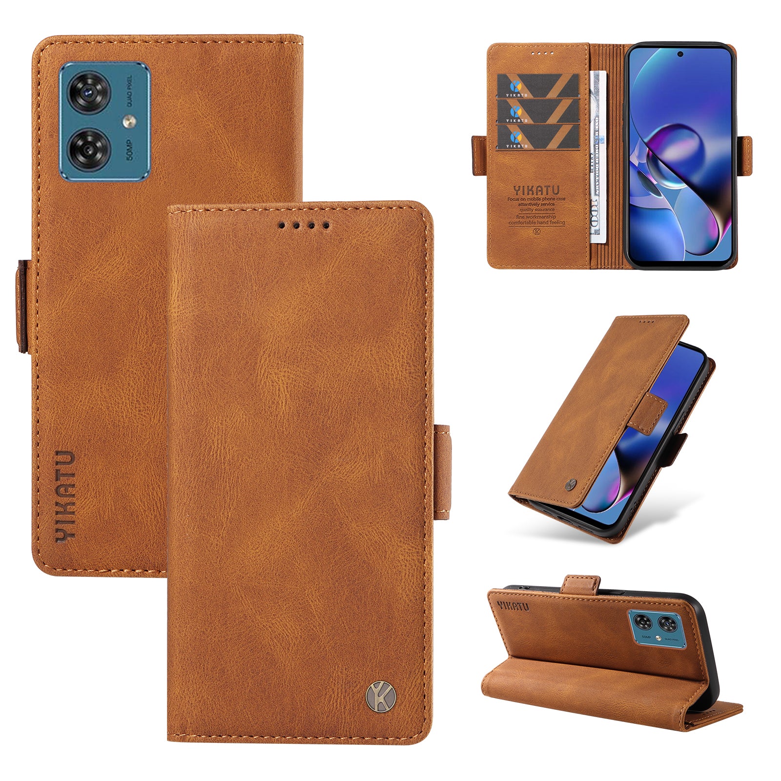 YIKATU YK-005 For Motorola Moto G54 5G Cell Phone Leather Case Stand Wallet Cover - Brown