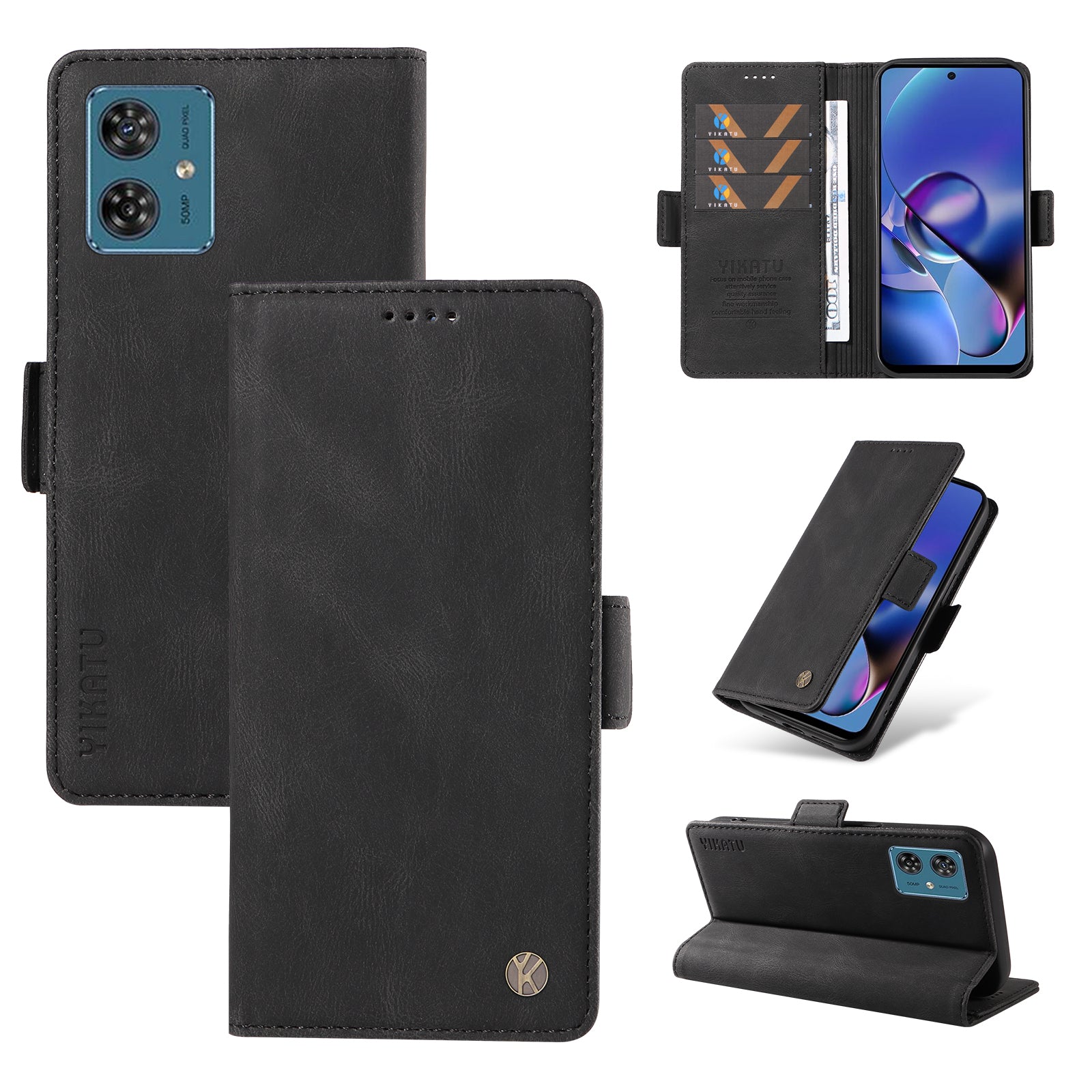 YIKATU YK-005 For Motorola Moto G54 5G Cell Phone Leather Case Stand Wallet Cover - Black