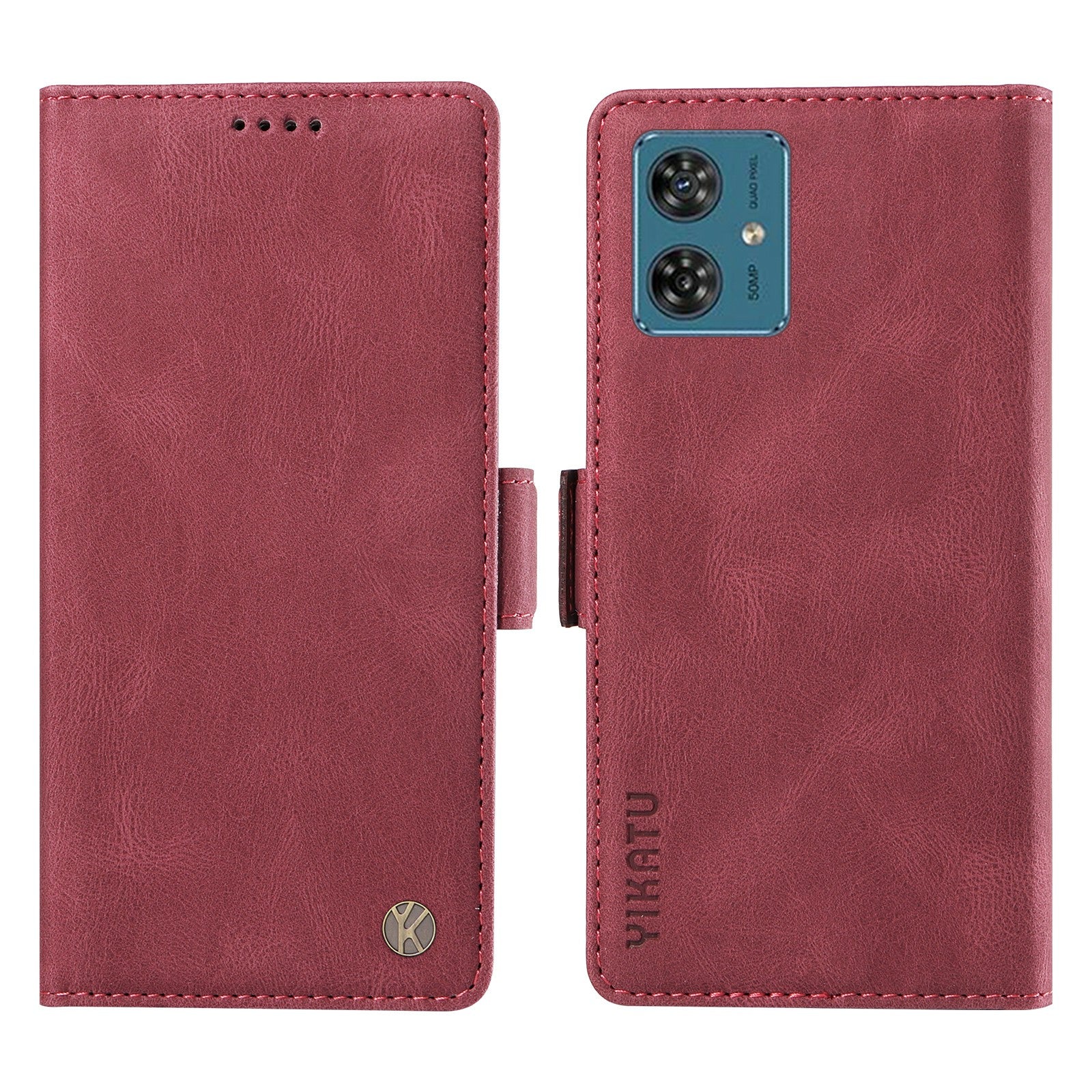 YIKATU YK-005 For Motorola Moto G54 5G Cell Phone Leather Case Stand Wallet Cover - Wine Red