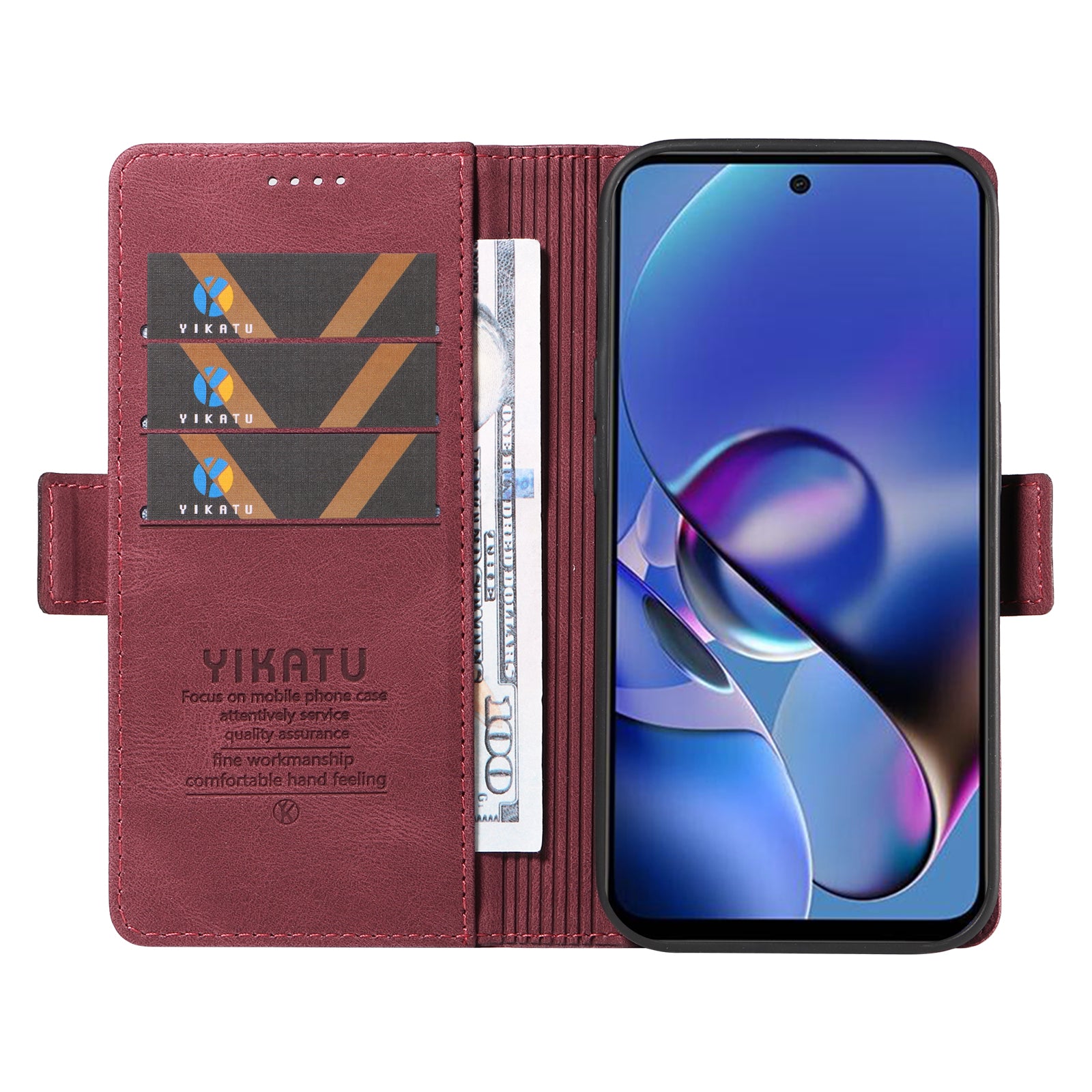 YIKATU YK-005 For Motorola Moto G54 5G Cell Phone Leather Case Stand Wallet Cover - Wine Red