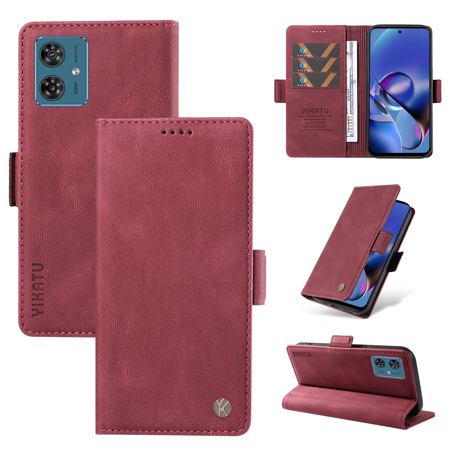 YIKATU YK-005 For Motorola Moto G54 5G Cell Phone Leather Case Stand Wallet Cover - Wine Red