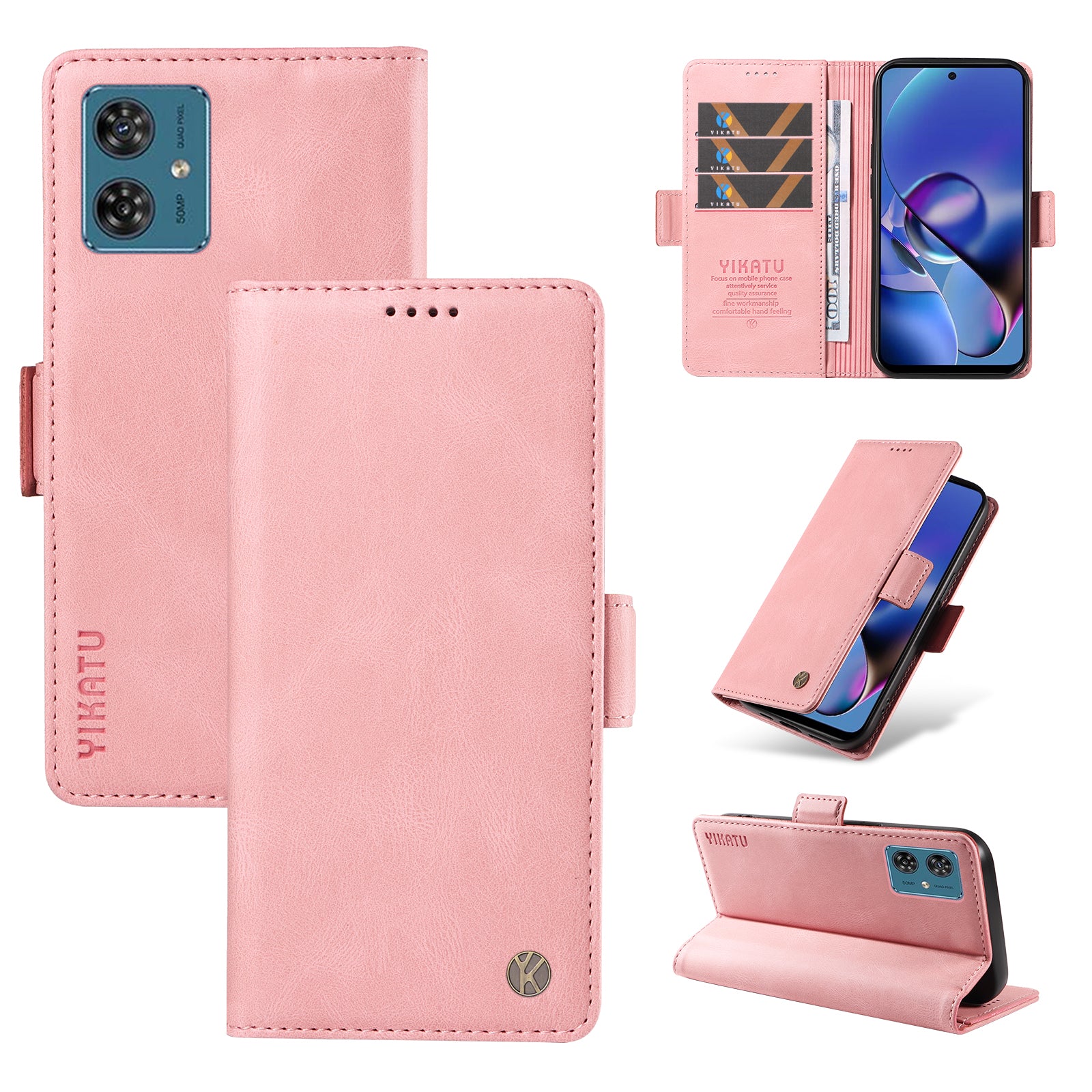 YIKATU YK-005 For Motorola Moto G54 5G Cell Phone Leather Case Stand Wallet Cover - Pink