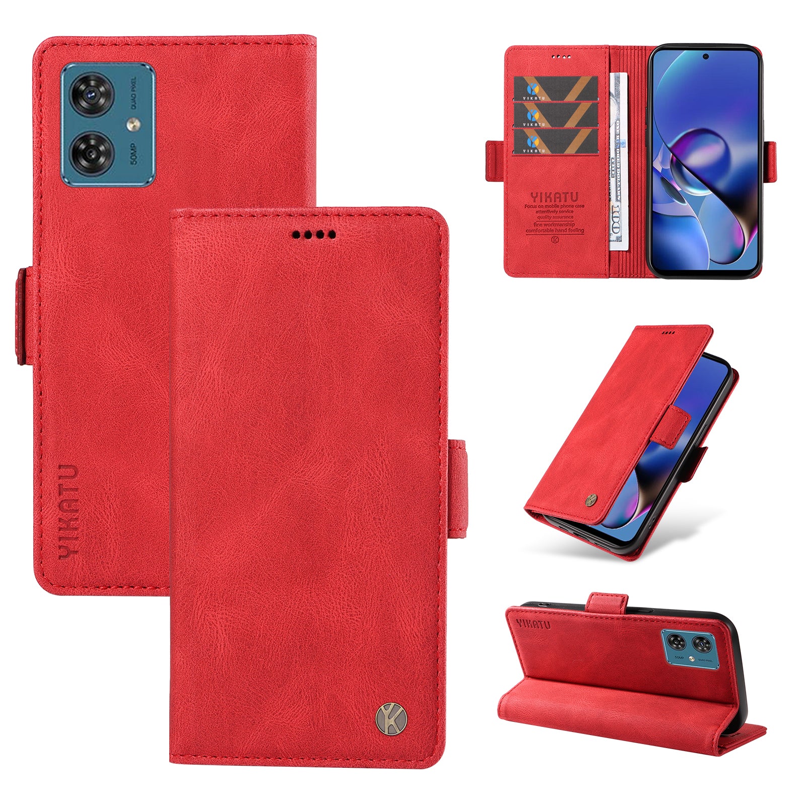 YIKATU YK-005 For Motorola Moto G54 5G Cell Phone Leather Case Stand Wallet Cover - Red