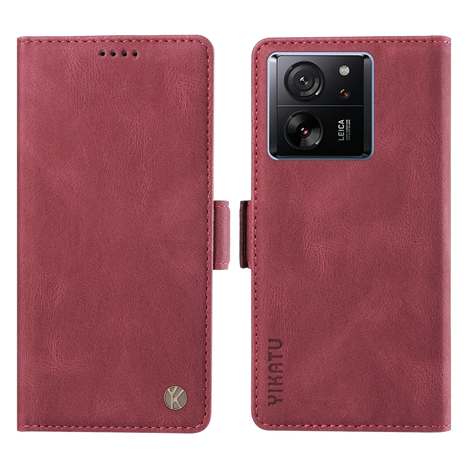 YIKATU YK-005 For Xiaomi 13T / 13T Pro / Redmi K60 Ultra Leather Phone Case Flip Stand Wallet Cover - Wine Red