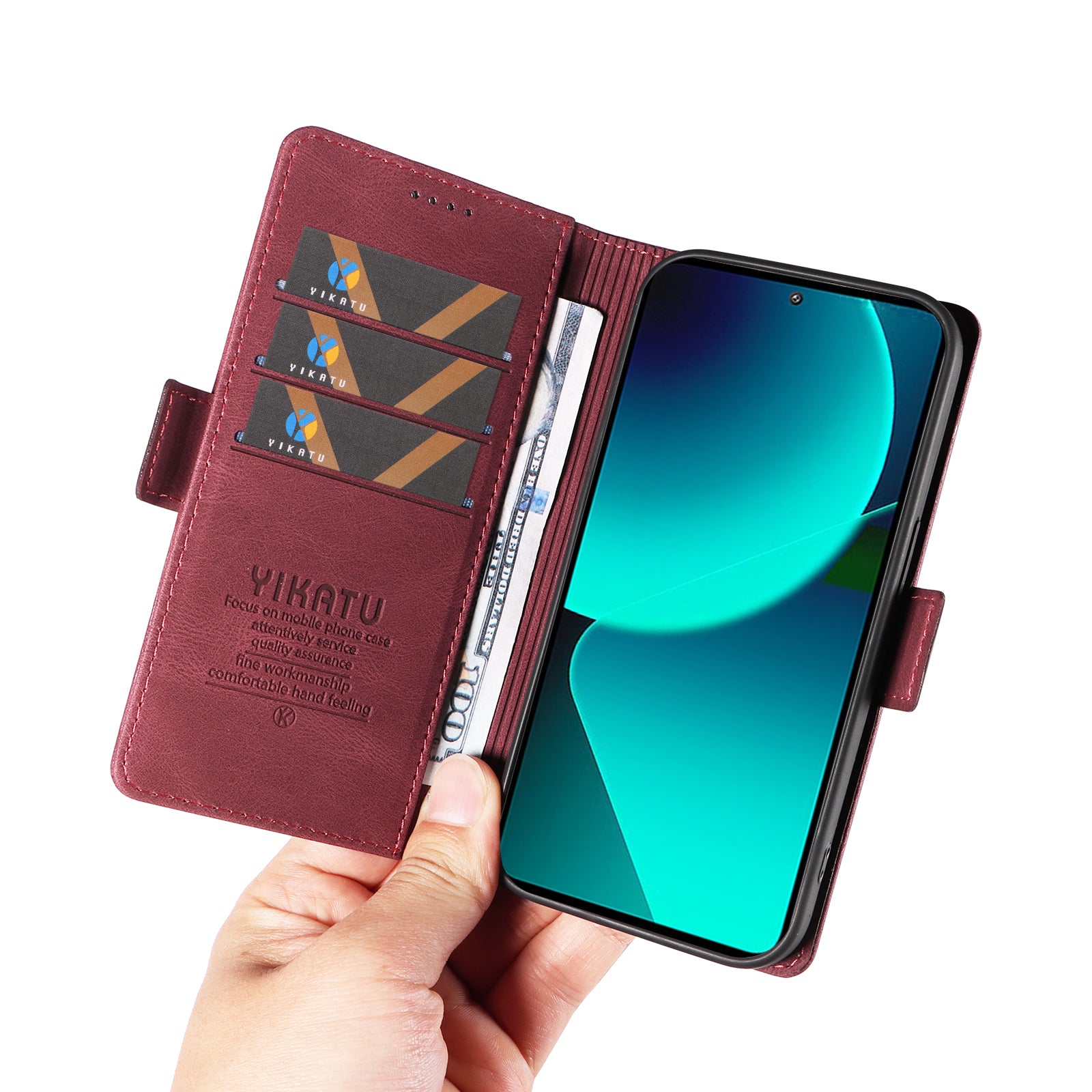 YIKATU YK-005 For Xiaomi 13T / 13T Pro / Redmi K60 Ultra Leather Phone Case Flip Stand Wallet Cover - Wine Red