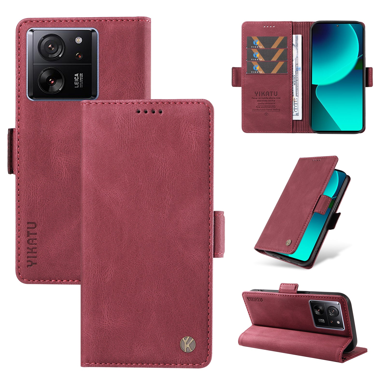 YIKATU YK-005 For Xiaomi 13T / 13T Pro / Redmi K60 Ultra Leather Phone Case Flip Stand Wallet Cover - Wine Red