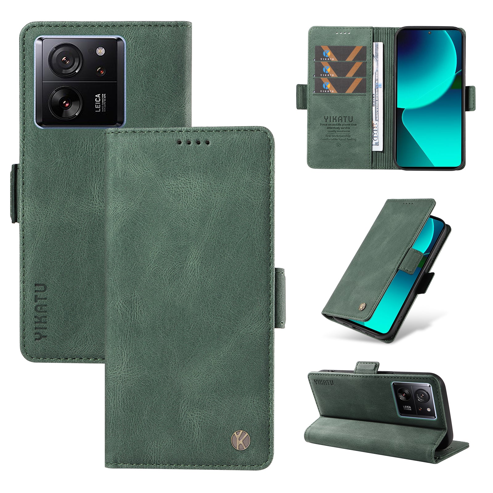 YIKATU YK-005 For Xiaomi 13T / 13T Pro / Redmi K60 Ultra Leather Phone Case Flip Stand Wallet Cover - Green