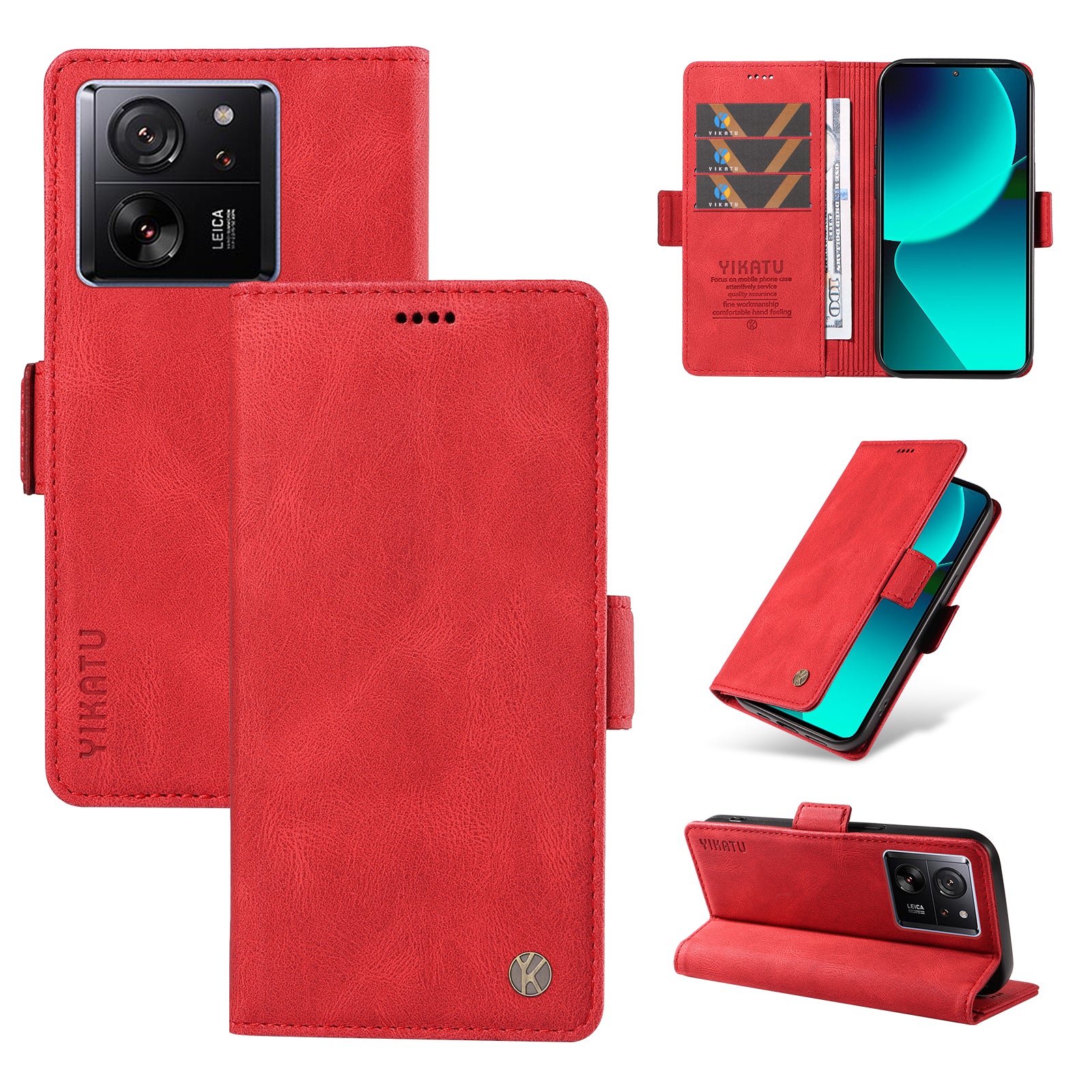 YIKATU YK-005 For Xiaomi 13T / 13T Pro / Redmi K60 Ultra Leather Phone Case Flip Stand Wallet Cover - Red