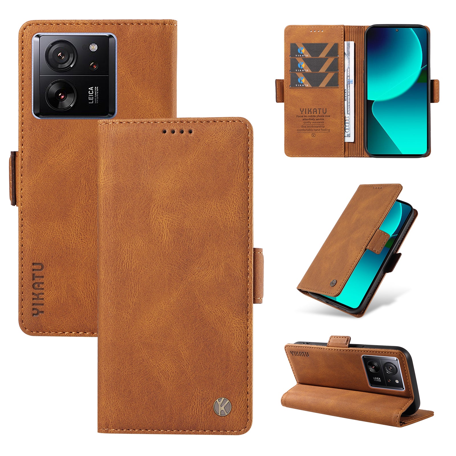 YIKATU YK-005 For Xiaomi 13T / 13T Pro / Redmi K60 Ultra Leather Phone Case Flip Stand Wallet Cover - Brown