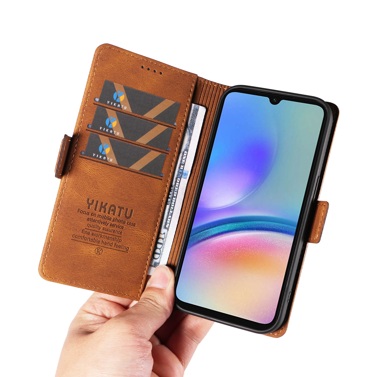 YIKATU YK-005 For Samsung Galaxy A05s 4G Cell Phone Leather Case Drop Proof Wallet Cover - Brown