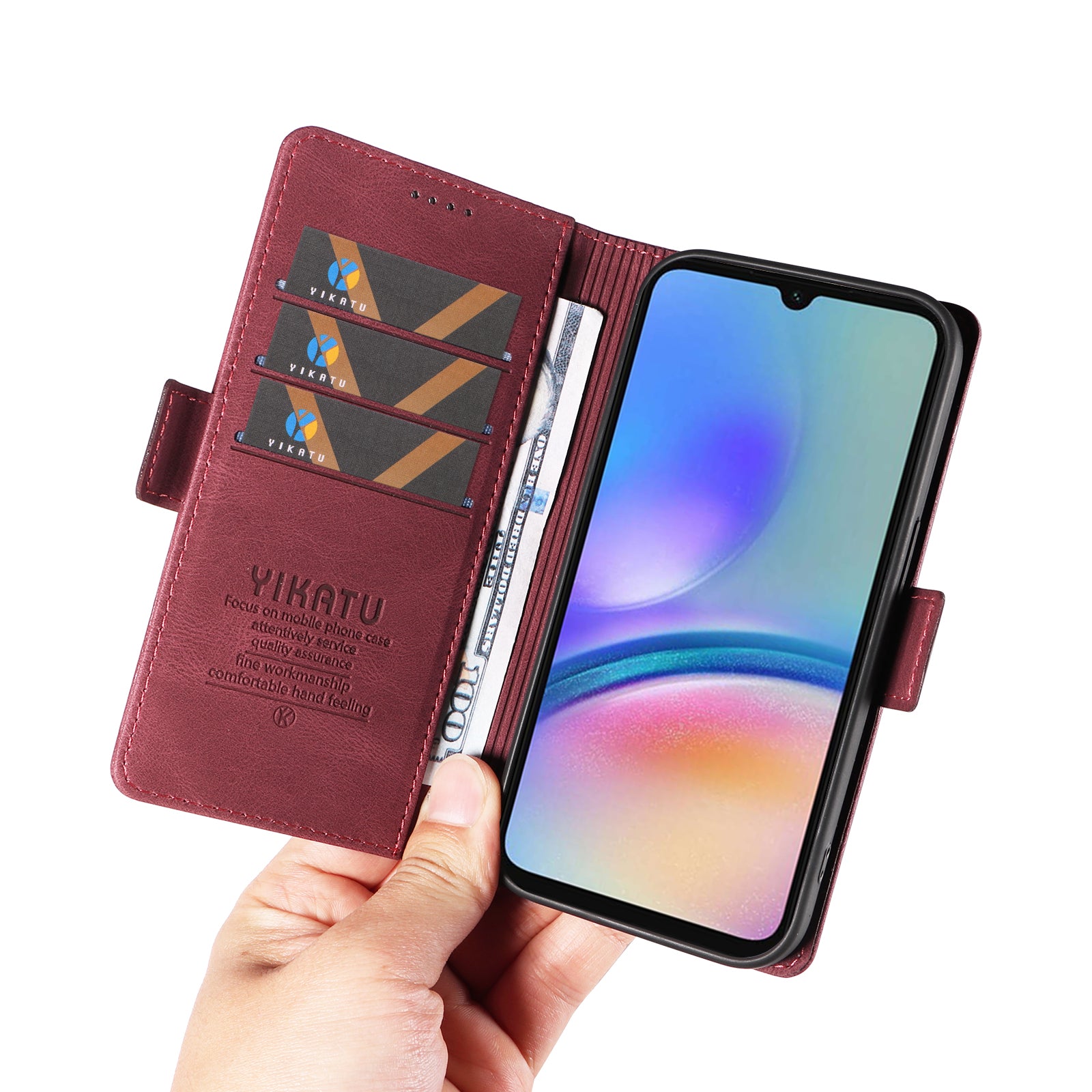 YIKATU YK-005 For Samsung Galaxy A05s 4G Cell Phone Leather Case Drop Proof Wallet Cover - Wine Red