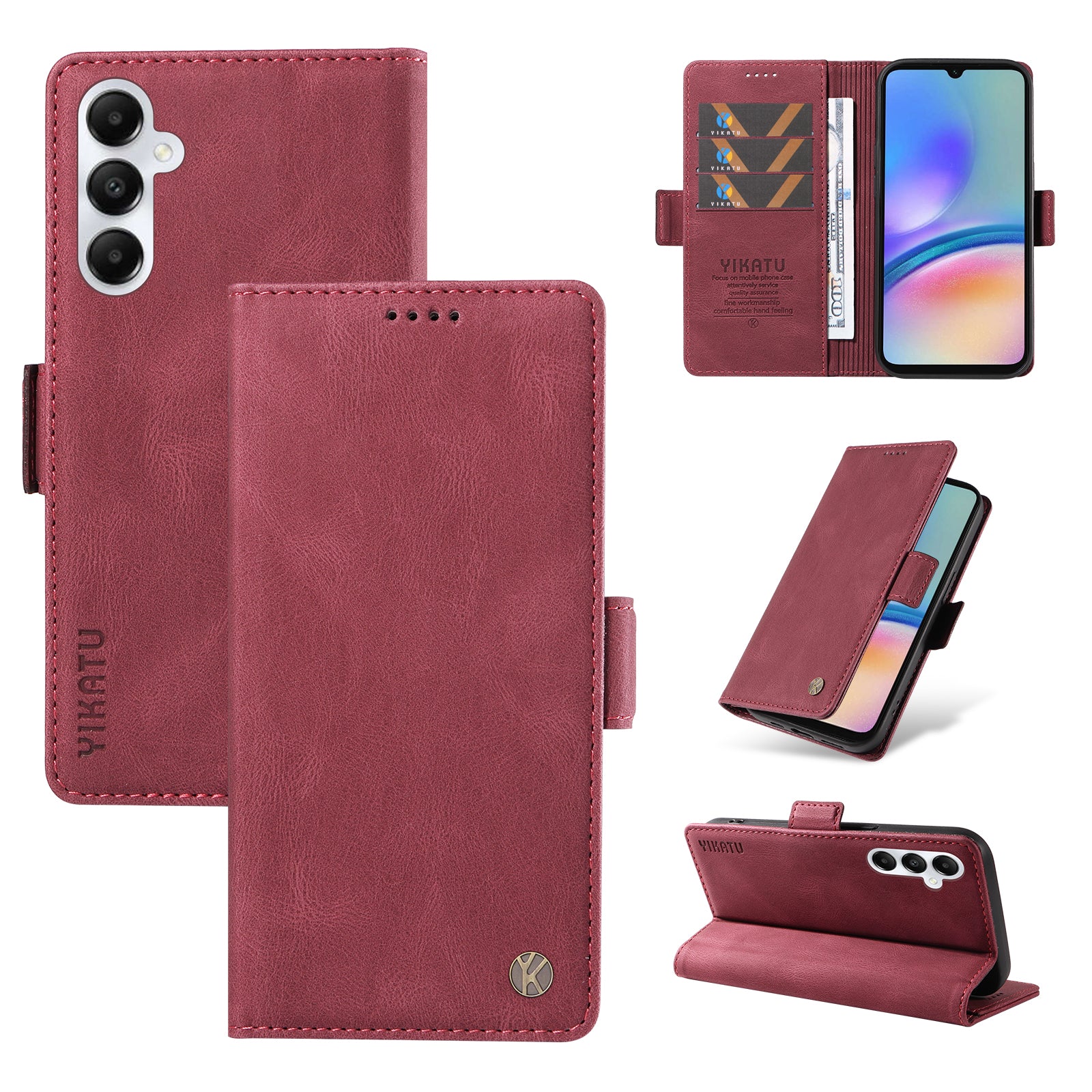 YIKATU YK-005 For Samsung Galaxy A05s 4G Cell Phone Leather Case Drop Proof Wallet Cover - Wine Red