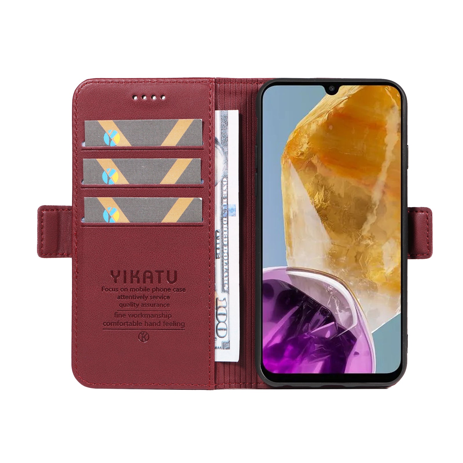 YIKATU YK-003 For Samsung Galaxy M15 5G Case Wallet Leather Cover Side Magnetic Clasp - Wine Red