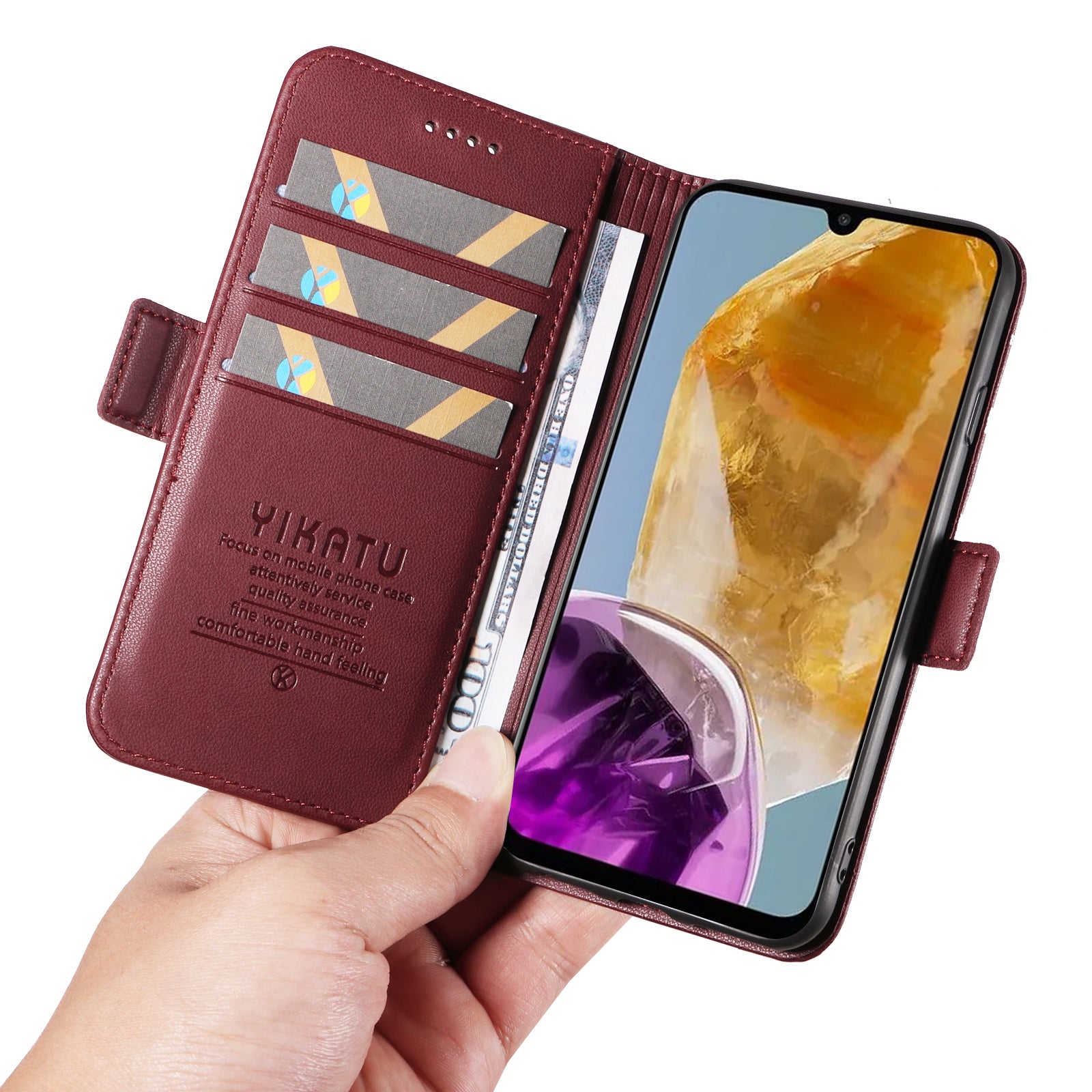 YIKATU YK-003 For Samsung Galaxy M15 5G Case Wallet Leather Cover Side Magnetic Clasp - Wine Red