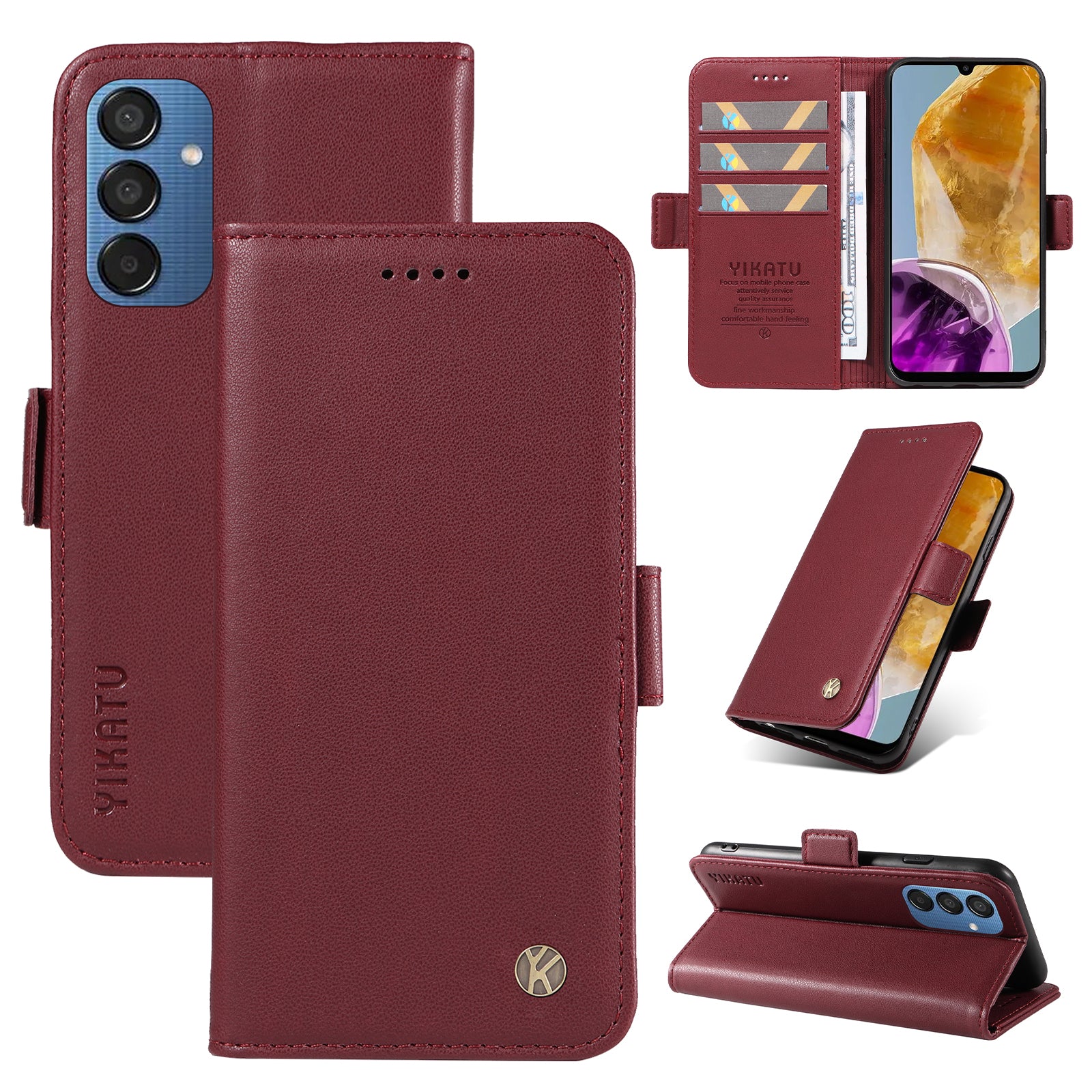 YIKATU YK-003 For Samsung Galaxy M15 5G Case Wallet Leather Cover Side Magnetic Clasp - Wine Red