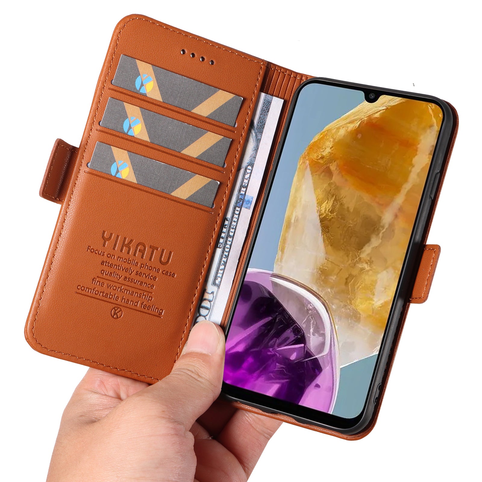 YIKATU YK-003 For Samsung Galaxy M15 5G Case Wallet Leather Cover Side Magnetic Clasp - Brown