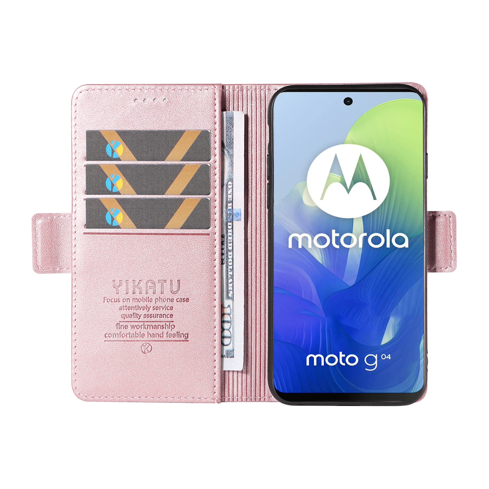 YIKATU YK-003 For Motorola Moto G04 4G / G24 4G Case PU Leather Stand Shockproof Phone Cover - Rose Gold