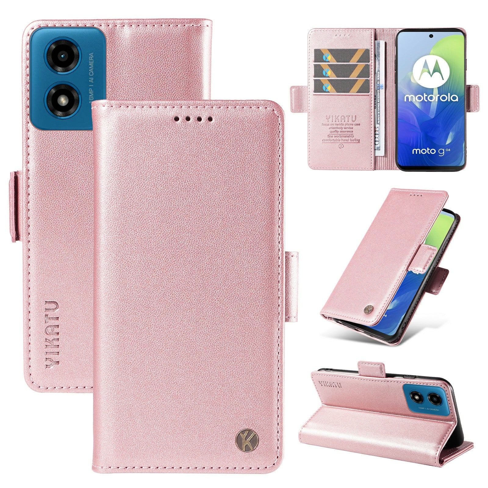 YIKATU YK-003 For Motorola Moto G04 4G / G24 4G Case PU Leather Stand Shockproof Phone Cover - Rose Gold